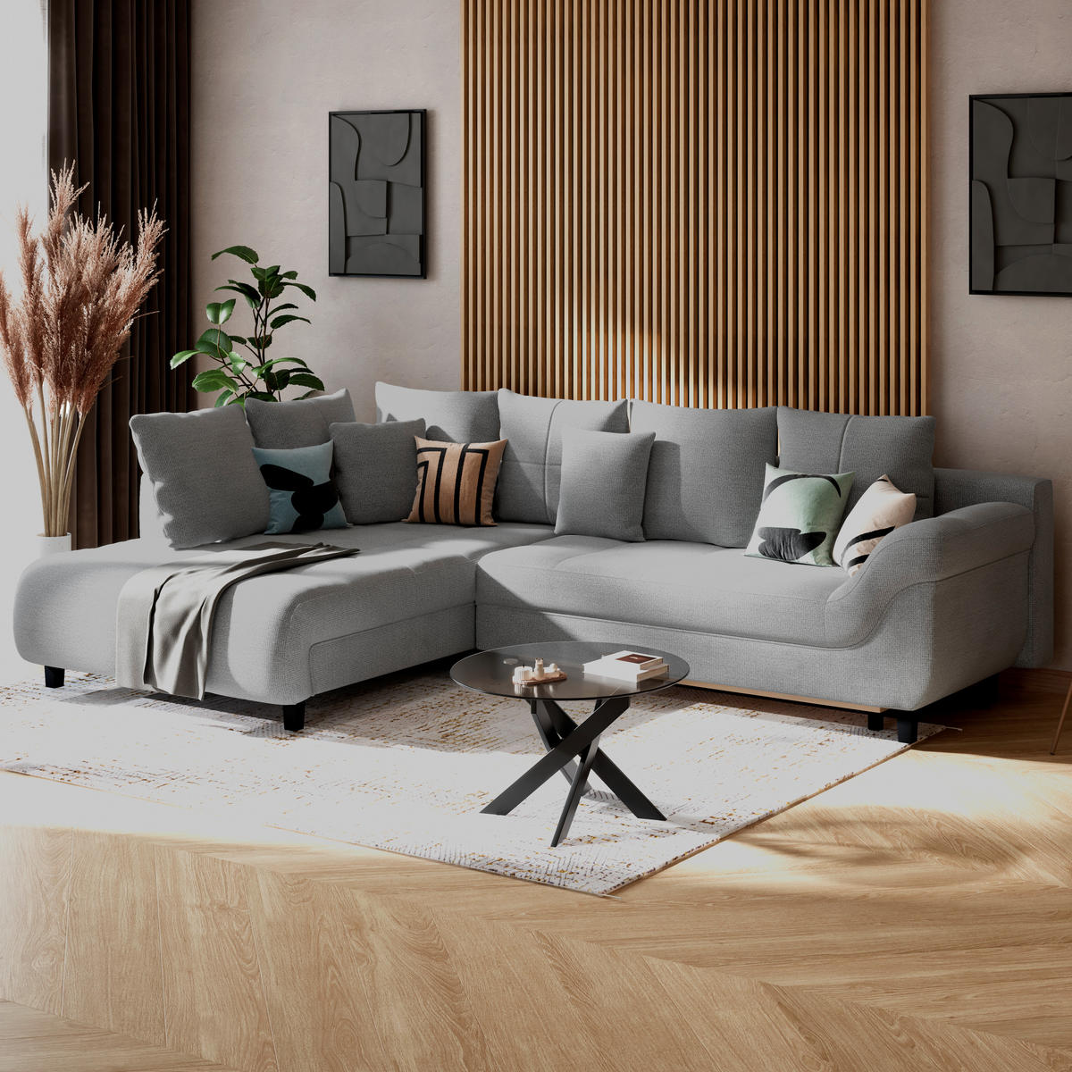 ECKSOFA MENDOZA NEW Blaugrau Chenille, Struktur Zierkissen, Rückenkissen, Bettkasten  - Blaugrau/Schwarz, KONVENTIONELL, Textil (197/309cm) - MID.YOU