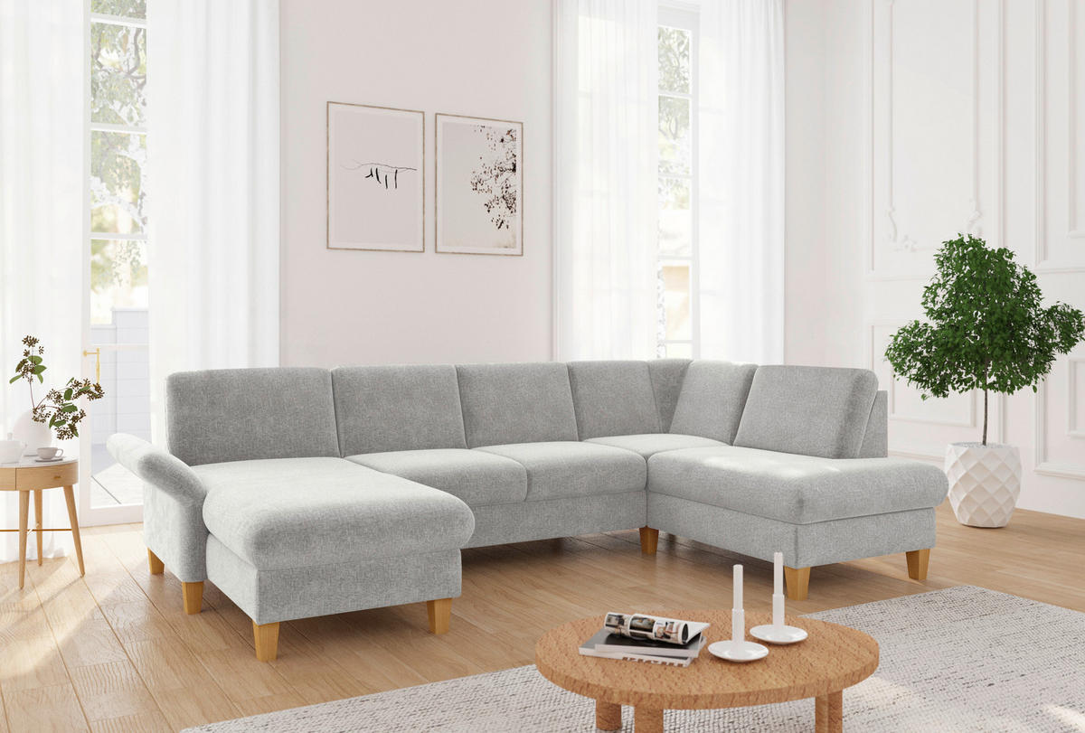 WOHNLANDSCHAFT ROCHELLE E Hellgrau Flachgewebe  - Eichefarben/Hellgrau, KONVENTIONELL, Holz/Textil (164/314/195cm) - Sit & More