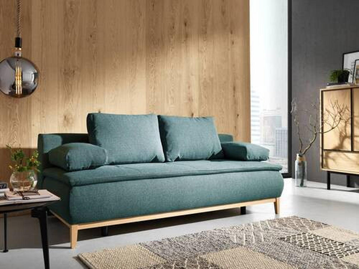 BOXSPRINGSOFA Flachgewebe Petrol  - Eichefarben/Beige, Design, Holz/Textil (202/78/93/100cm) - Carryhome