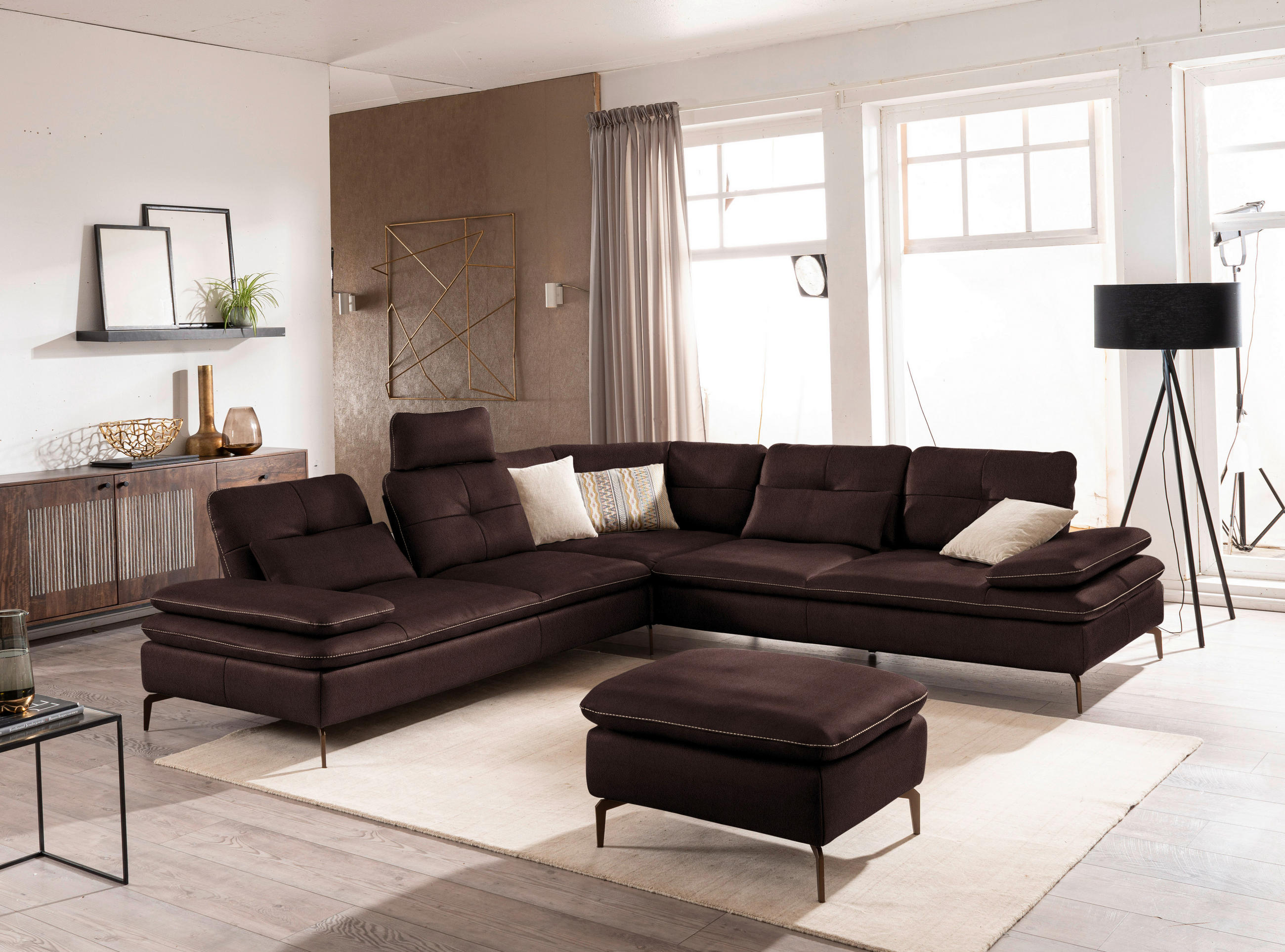 ECKSOFA in Echtleder Dunkelbraun  - Hellbraun/Dunkelbraun, Design, Leder/Metall (298/298cm) - Chilliano