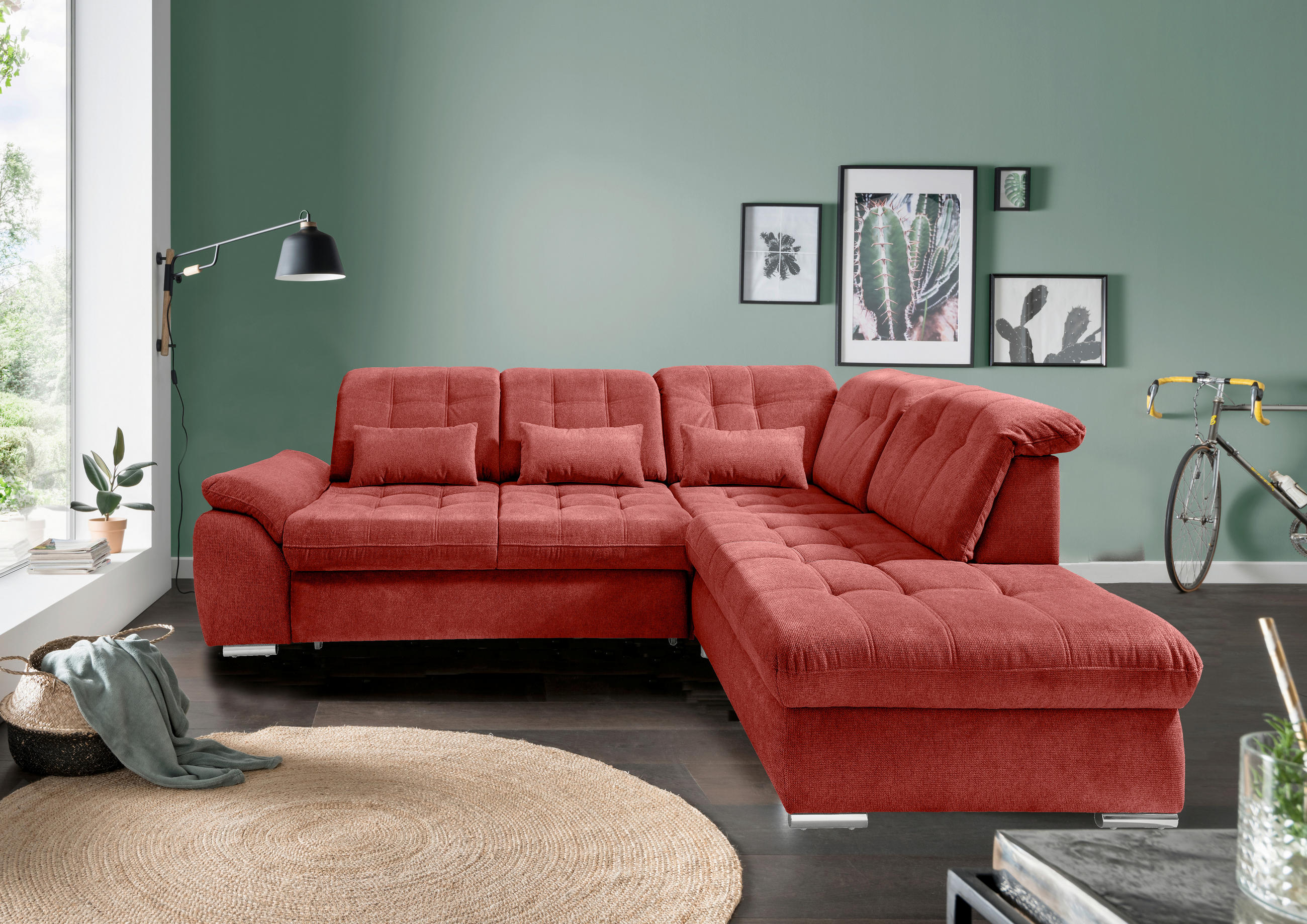 ECKSOFA RIGATTI Rot Flachgewebe Kopfteilverstellung, Stauraum, Sitztiefenverstellung  - Chromfarben/Rot, MODERN, Textil/Metall (308/254cm) - Livetastic