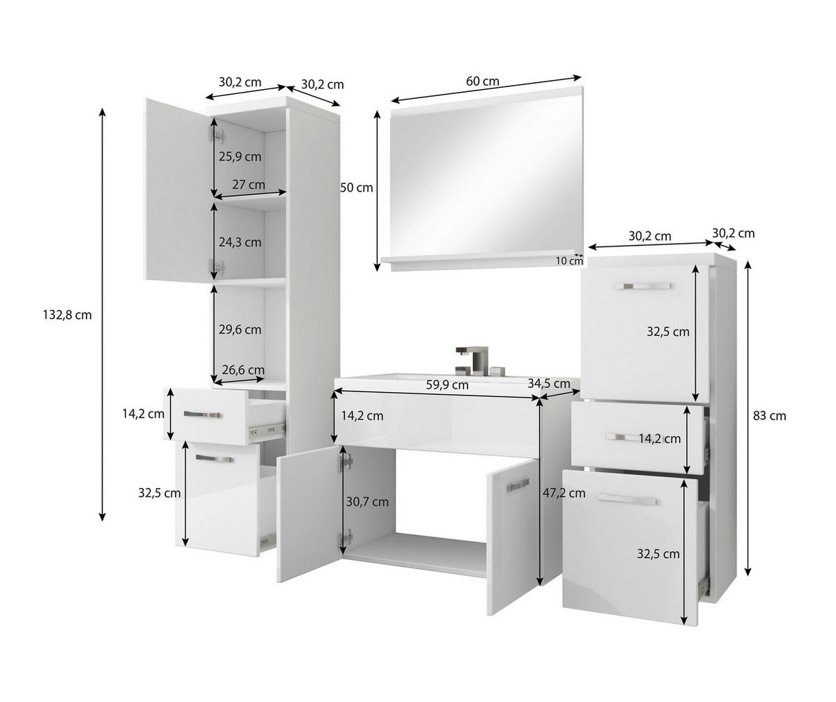 BADEZIMMER 5-teilig  in 120 cm  - Weiß Hochglanz/Weiß, LIFESTYLE, Holzwerkstoff/Metall (120cm) - P & B