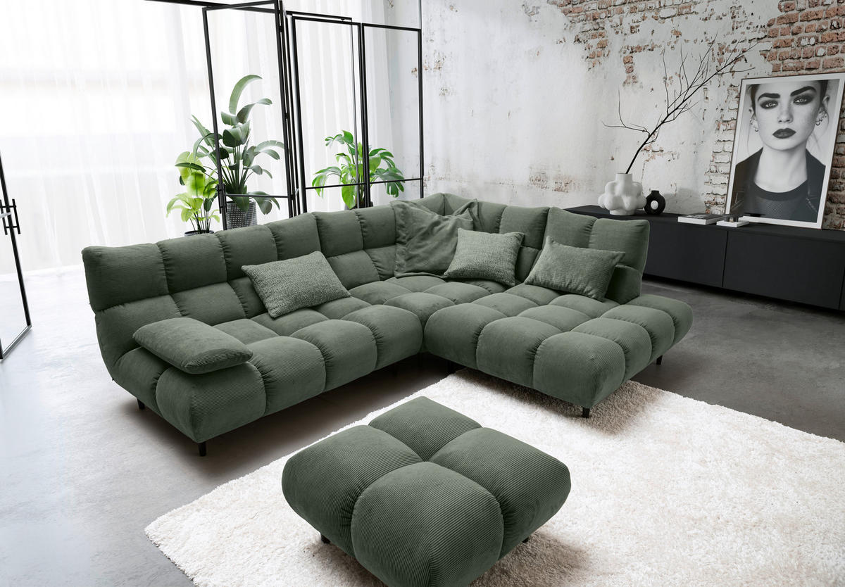 ECKSOFA Ottomane rechts, Eckteil  Olivgrün Feincord  - Schwarz/Olivgrün, Design, Holz/Textil (288/215cm) - Pure Home Lifestyle