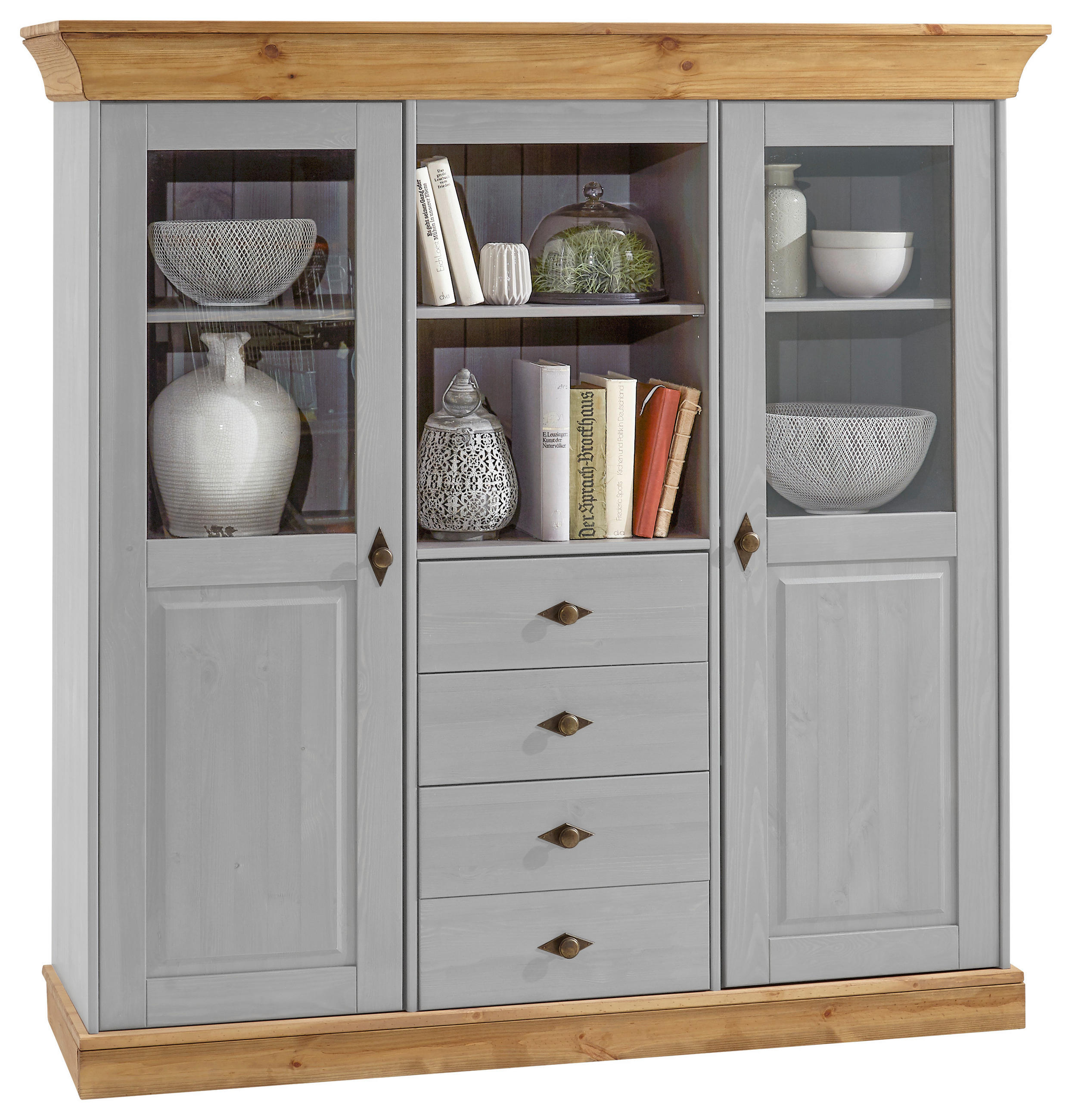 HIGHBOARD in 143/145/45 cm - Laugenfarbig/Grau, ROMANTIK / LANDHAUS, Glas/Holz (143/145/45cm) - Boxxx