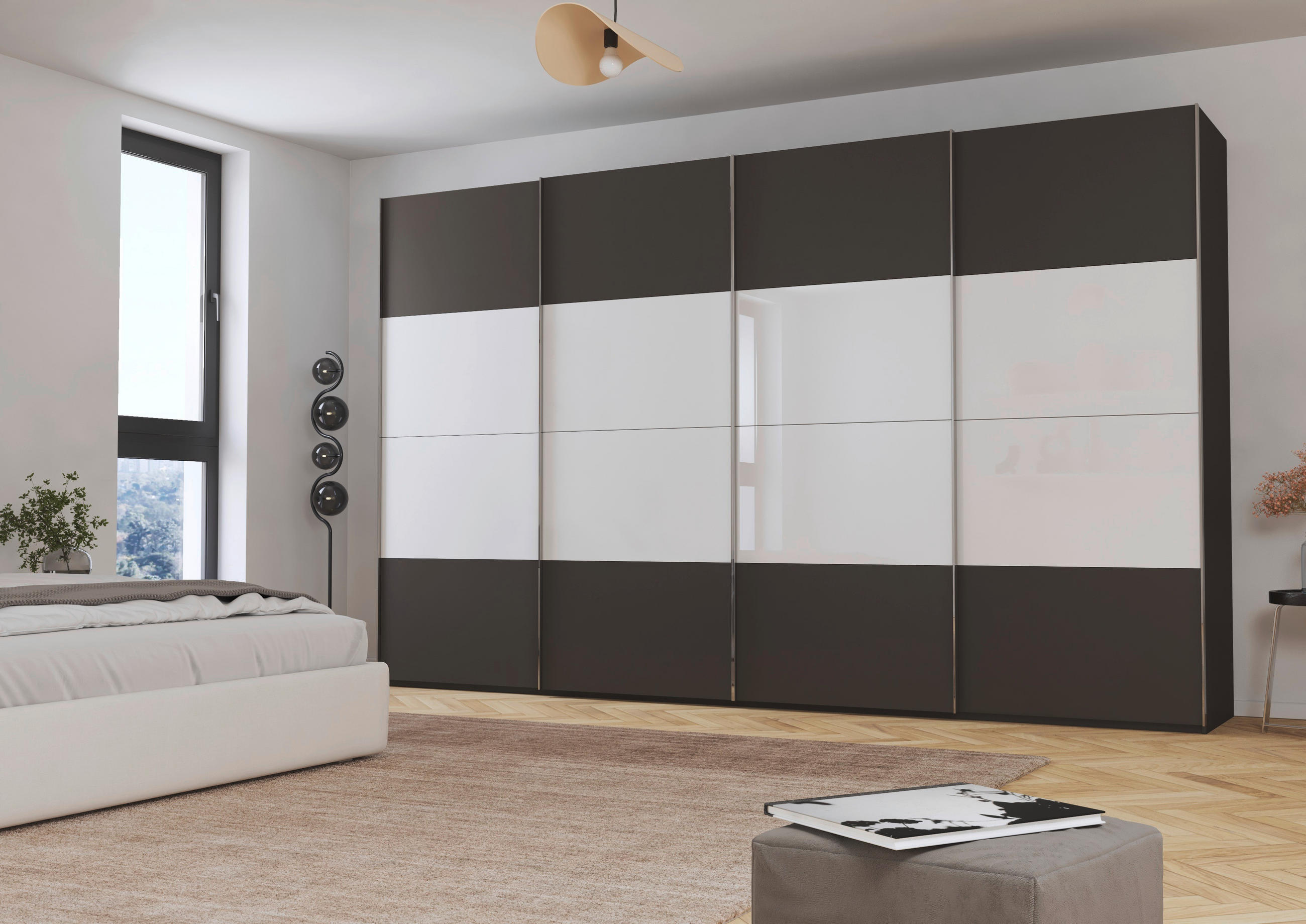 SCHWEBETÜRENSCHRANK 361/223/68 cm 4-türig Graphitfarben, Weiß  - Chromfarben/Graphitfarben, KONVENTIONELL, Glas/Holzwerkstoff (361/223/68cm) - Novel