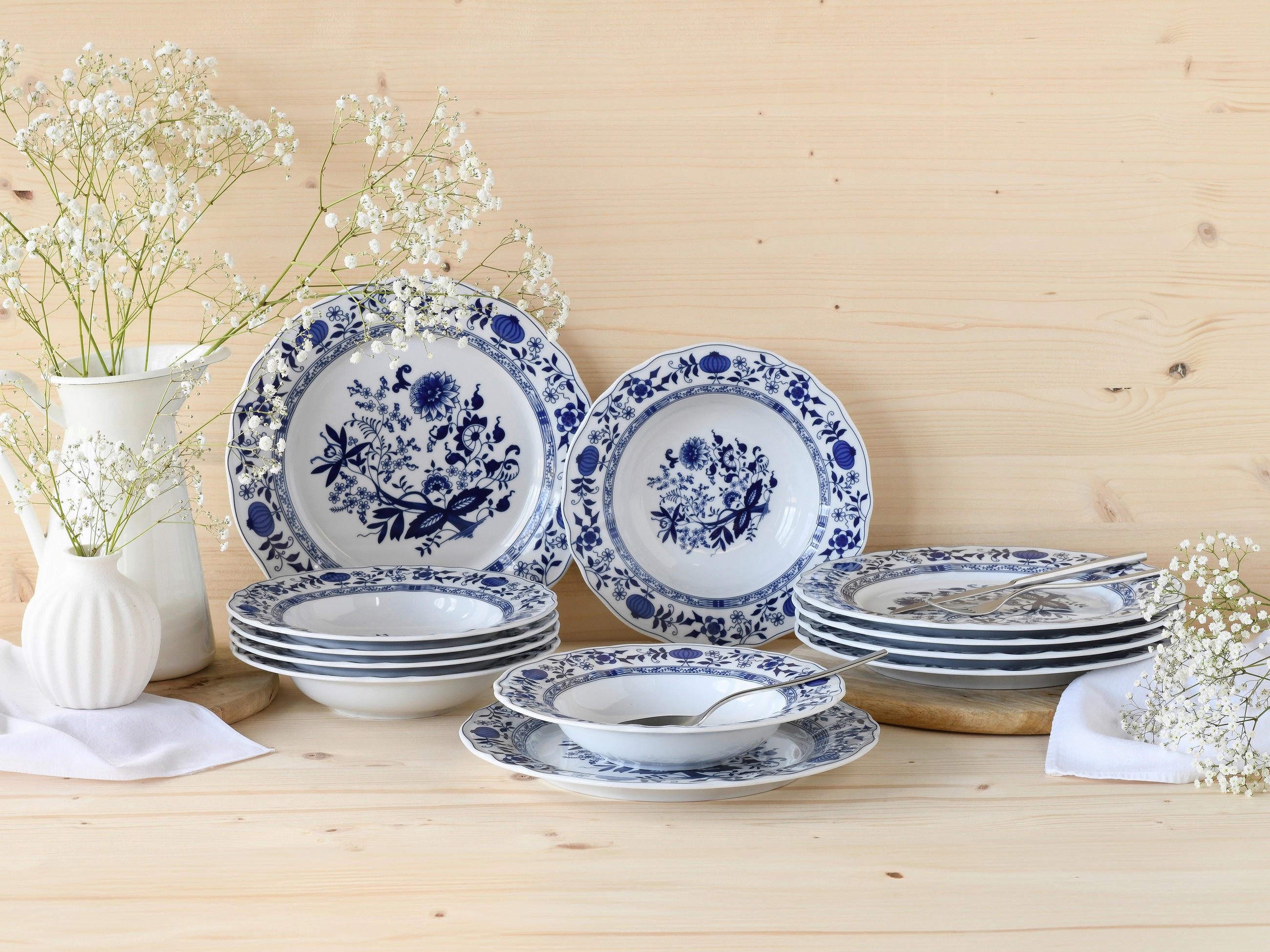 TAFELSERVICE Blau, Weiß 12-teilig Flora Zwiebelmuster  - Blau/Weiß, Design, Keramik - Creatable