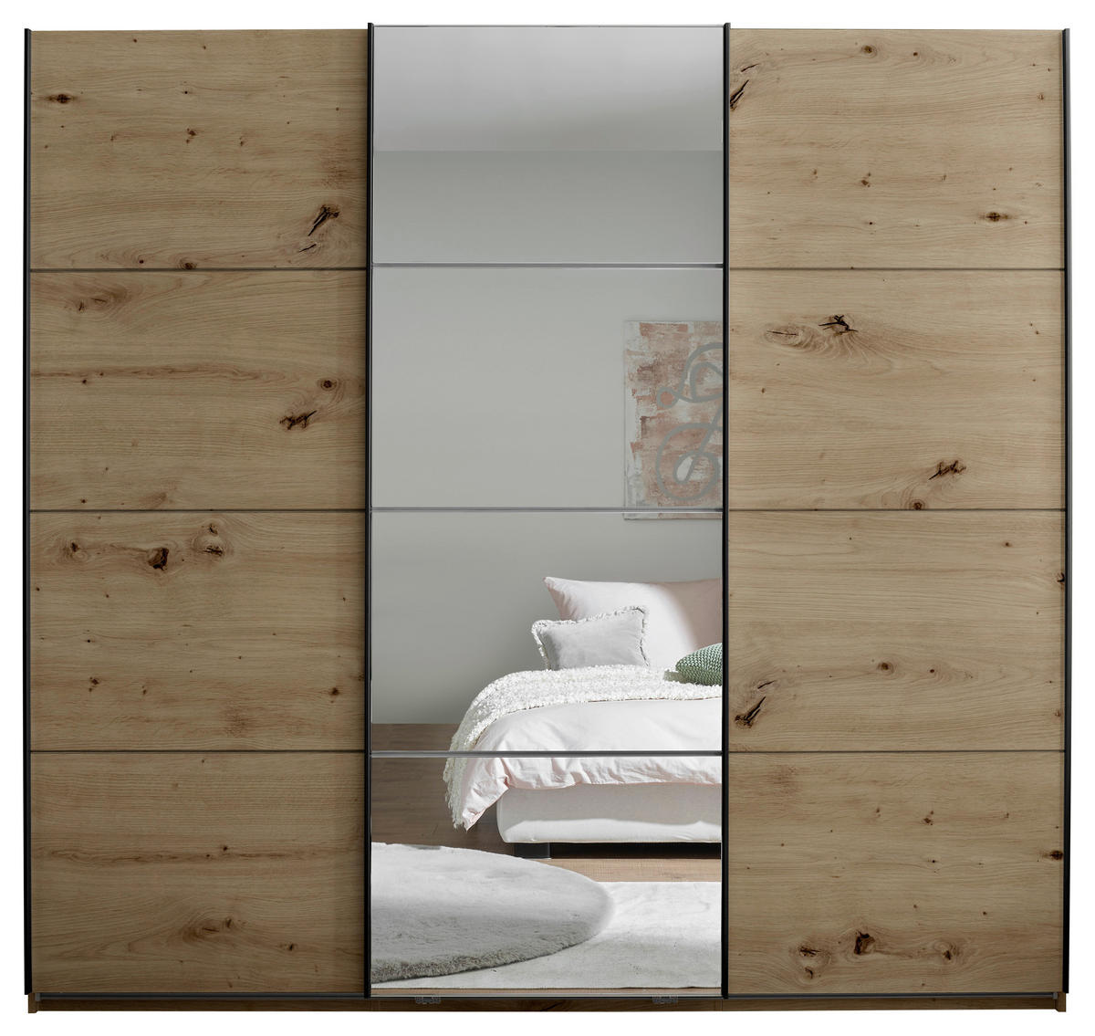 SCHWEBETÜRENSCHRANK 215/204/60 cm 3-türig Eiche Artisan  - Schwarz/Eiche Artisan, KONVENTIONELL, Glas/Holzwerkstoff (215/204/60cm) - Boxxx