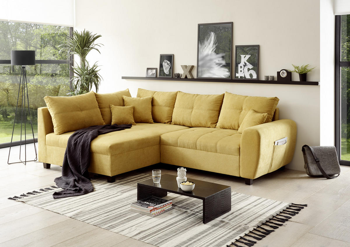 ECKSOFA in Mikrovelours Gelb  - Gelb/Schwarz, Basics, Holzwerkstoff/Kunststoff (176/248cm) - MID.YOU
