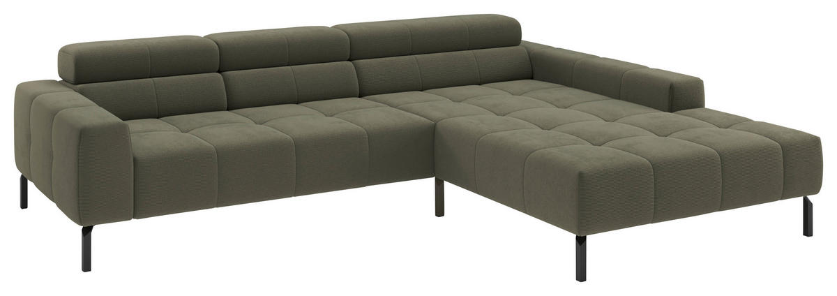 ECKSOFA Olivgrün Feincord Rücken echt, Kopfteilverstellung, Sitztiefenverstellung  - Schwarz/Olivgrün, KONVENTIONELL, Textil/Metall (293/226cm) - Hom`in
