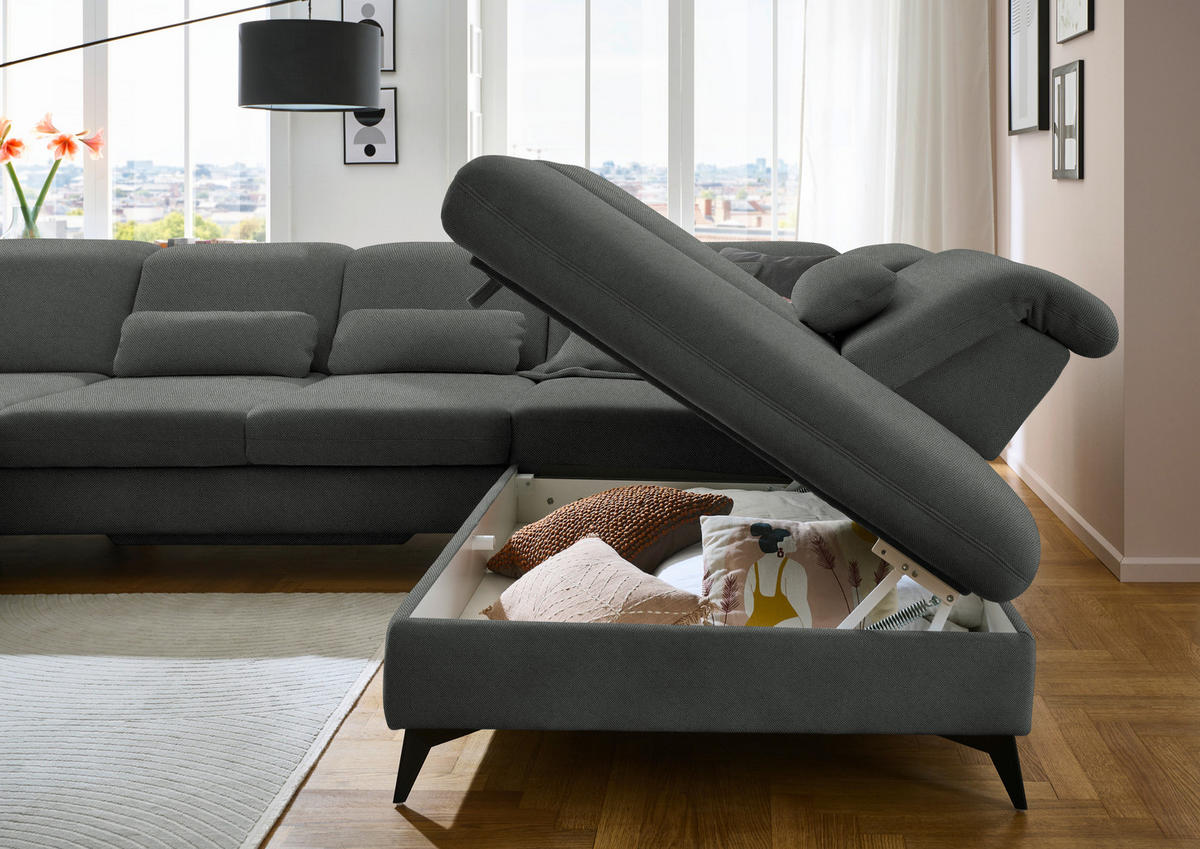 WOHNLANDSCHAFT  in Chenille Grau  - Schwarz/Grau, Design, Textil/Metall (198/369/255cm) - Beldomo Style