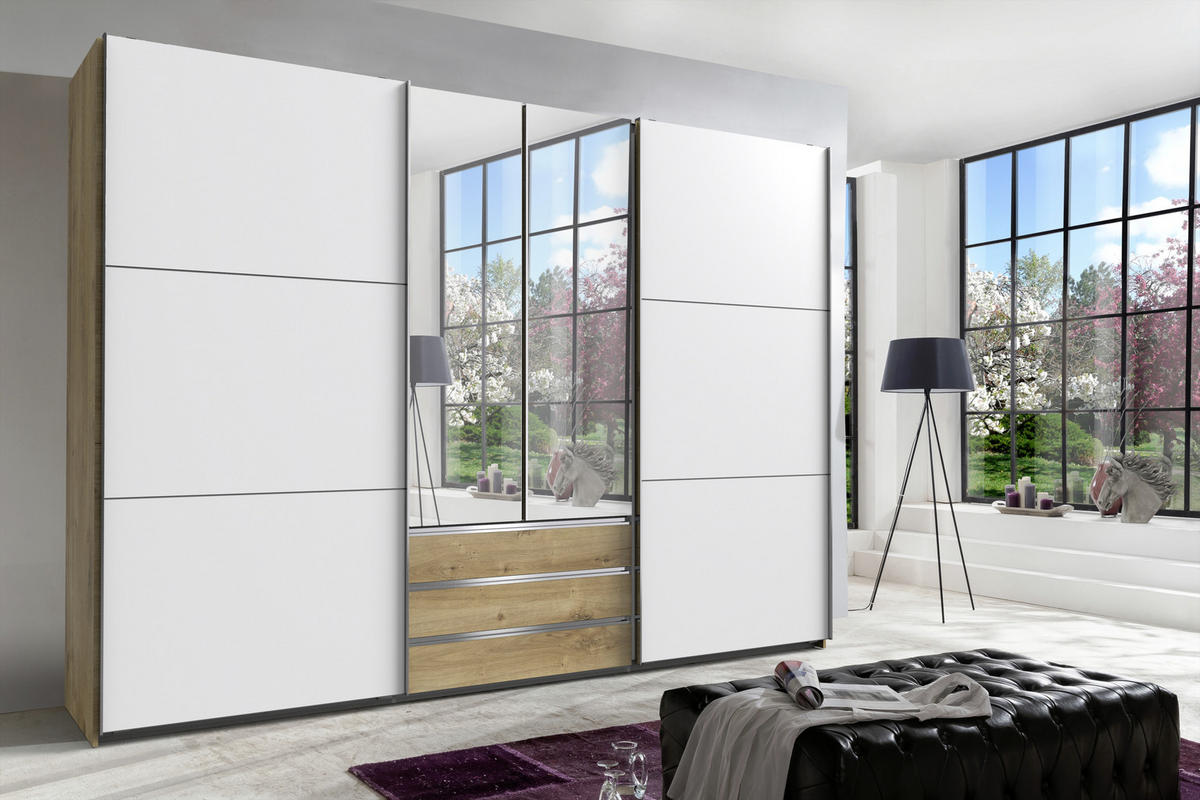 SCHWEBETÜRENSCHRANK 300/216/65 cm 4-türig Weiß, Eichefarben, Silberfarben  - Chromfarben/Eichefarben, MODERN, Glas/Holzwerkstoff (300/216/65cm) - MID.YOU