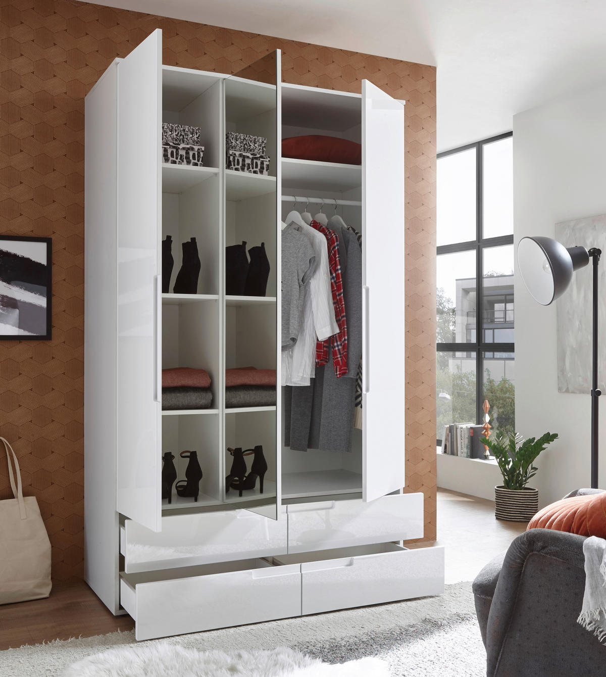 BIELA SKRIŇA SO ZRKADLOM, biela, 126,8/208/57 cm - biela, Modern, kompozitné drevo/sklo (126,8/208/57cm) - MID.YOU