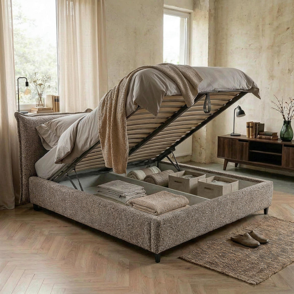 POLSTERBETT 180/200 cm,  in Taupe, gepolstertes Kopfteil, Lattenrost, Bettkasten,  - Taupe/Schwarz, MODERN, Holz/Textil (180/200cm) - Livetastic