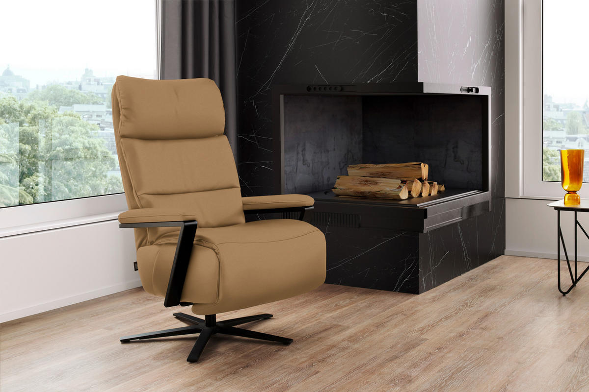 FERNSEHSESSEL  mit Relaxfunktion Echtleder Honig  - Schwarz/Honig, Design, Leder/Metall (74/111/85cm) - Schöner Wohnen