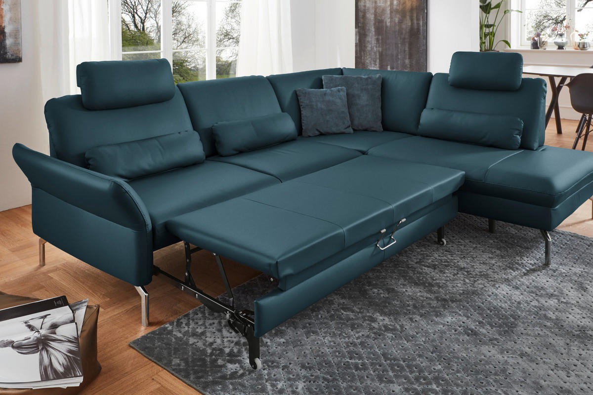 ECKSOFA in Echtleder Blau  284/220 cm  - Blau/Alufarben, KONVENTIONELL, Leder/Metall (284/220cm) - Beldomo Premium