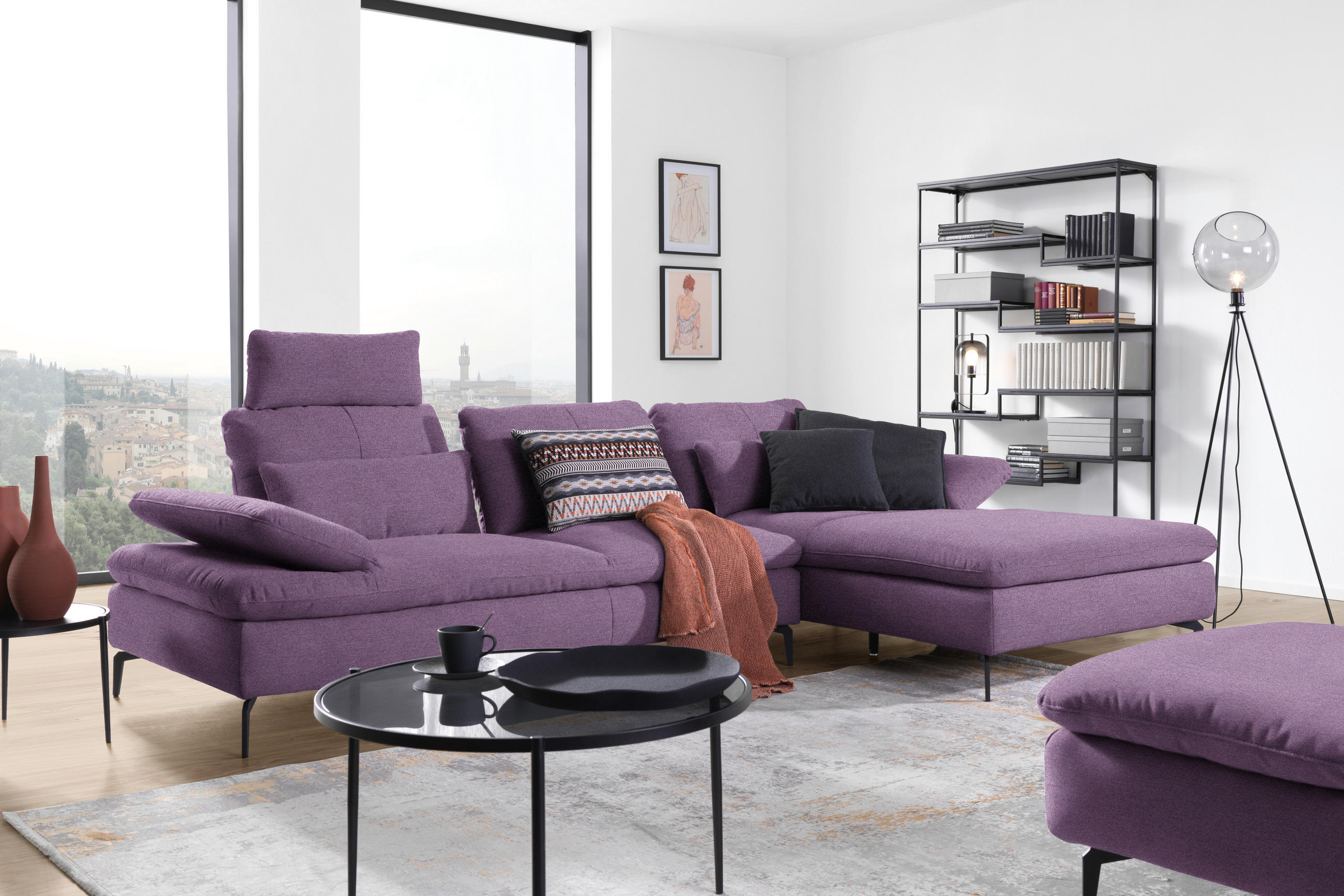 ECKSOFA in Webstoff Lila  - Lila/Schwarz, Design, Textil/Metall (301/179cm) - Chilliano