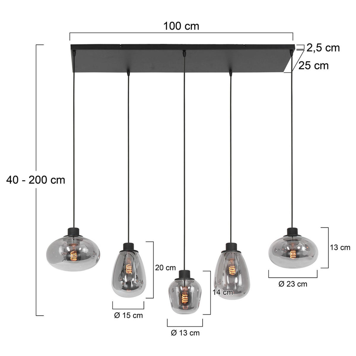 PENDELLEUCHTE  30/200/100 cm   - Schwarz, Trend, Glas/Metall (30/200/100cm)