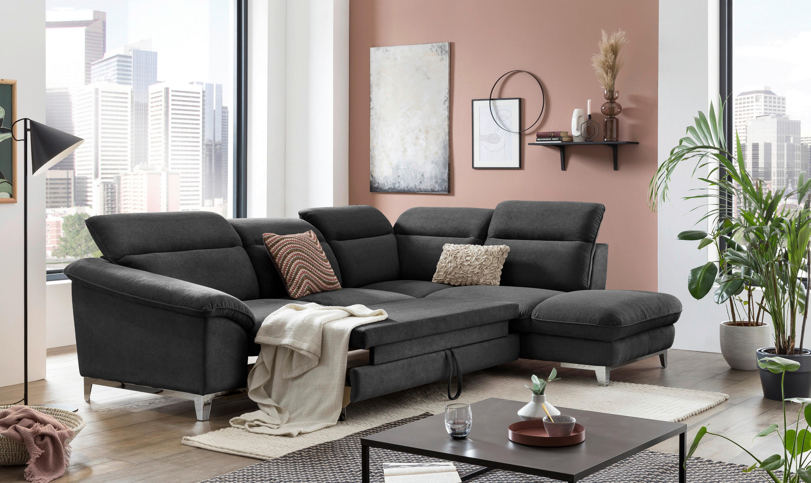 ECKSOFA Schwarz Chenille  - Chromfarben/Schwarz, Design, Textil/Metall (293/232cm) - Livetastic
