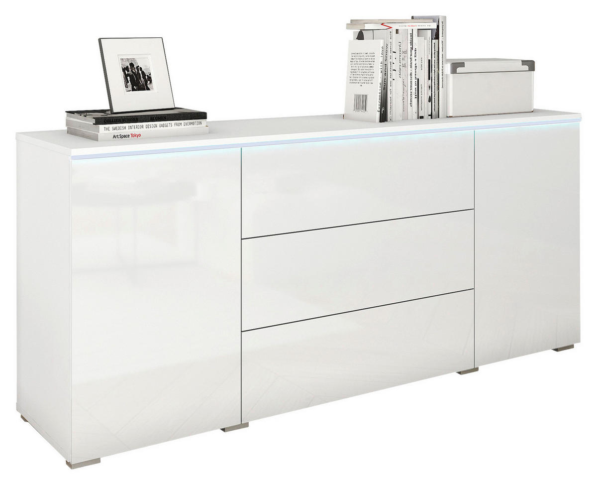 ŠIROKA KOMODA, bela, visoki sijaj  - siva/bela, Trendi, umetna masa/leseni material (150/67,9/39,5cm) - P & B