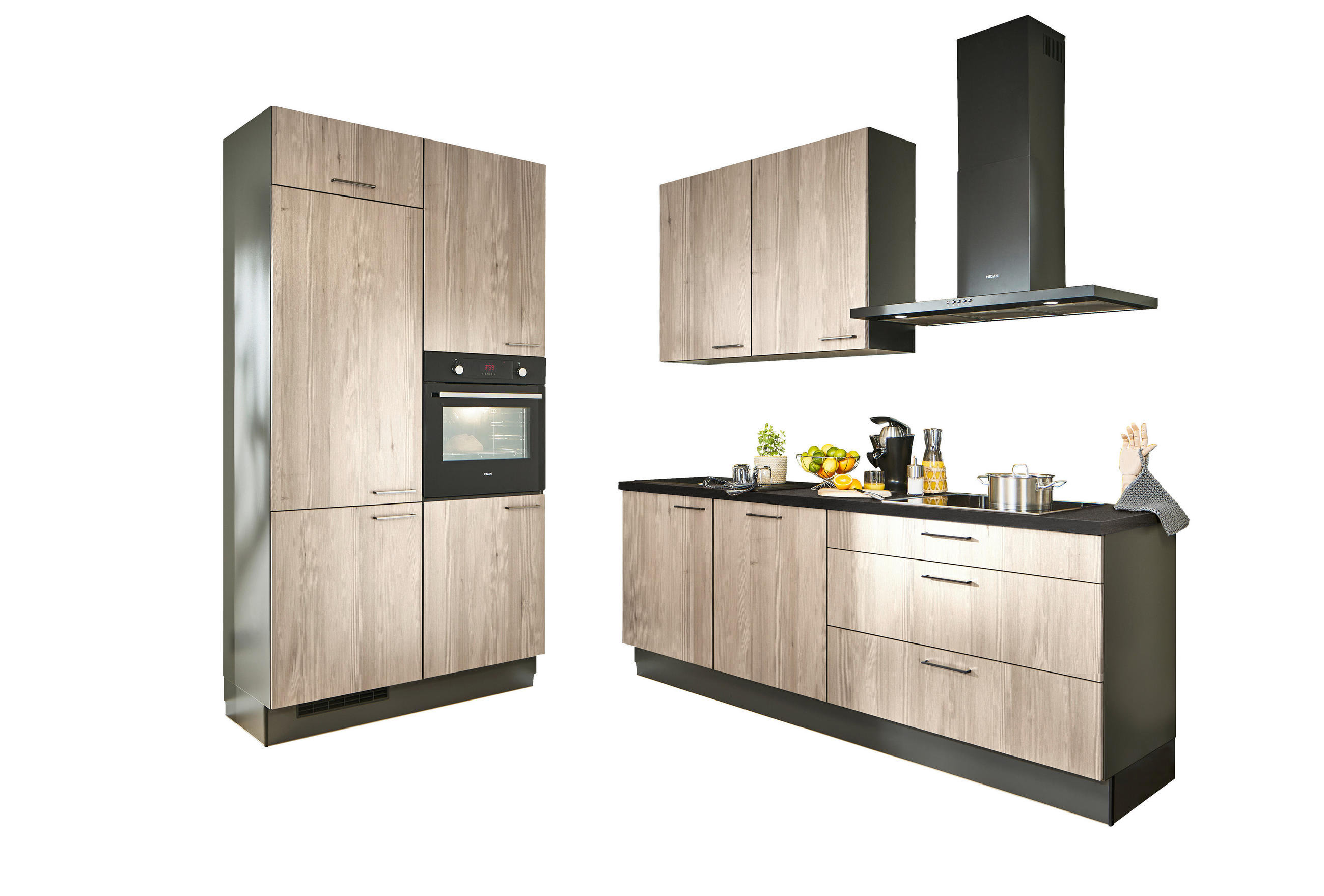 ECKKÜCHE 120/220 cm  in Graphitfarben, Schwarz, Tannenholzfarben  - Chromfarben/Tannenholzfarben, Design, Holzwerkstoff/Metall (120/220cm) - Xora