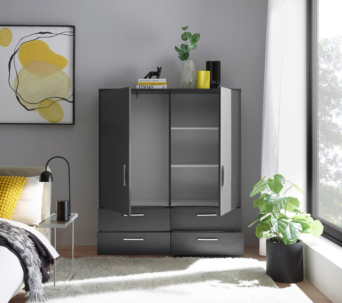 HÖG BYRÅ  120/140/38 cm 4 låda(or)  - aluminiumfärg/grafitfärgad, Klassisk, trämaterial/plast (120/140/38cm) - Carryhome