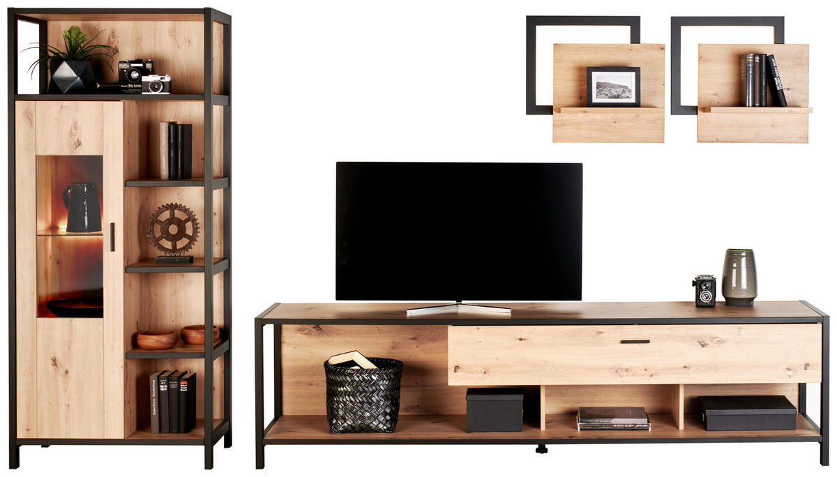 REGAL ZA DNEVNI BORAVAK antracit, divlji hrast   - antracit/divlji hrast, Moderno, staklo/drvni materijal (300/172/46cm) - Carryhome