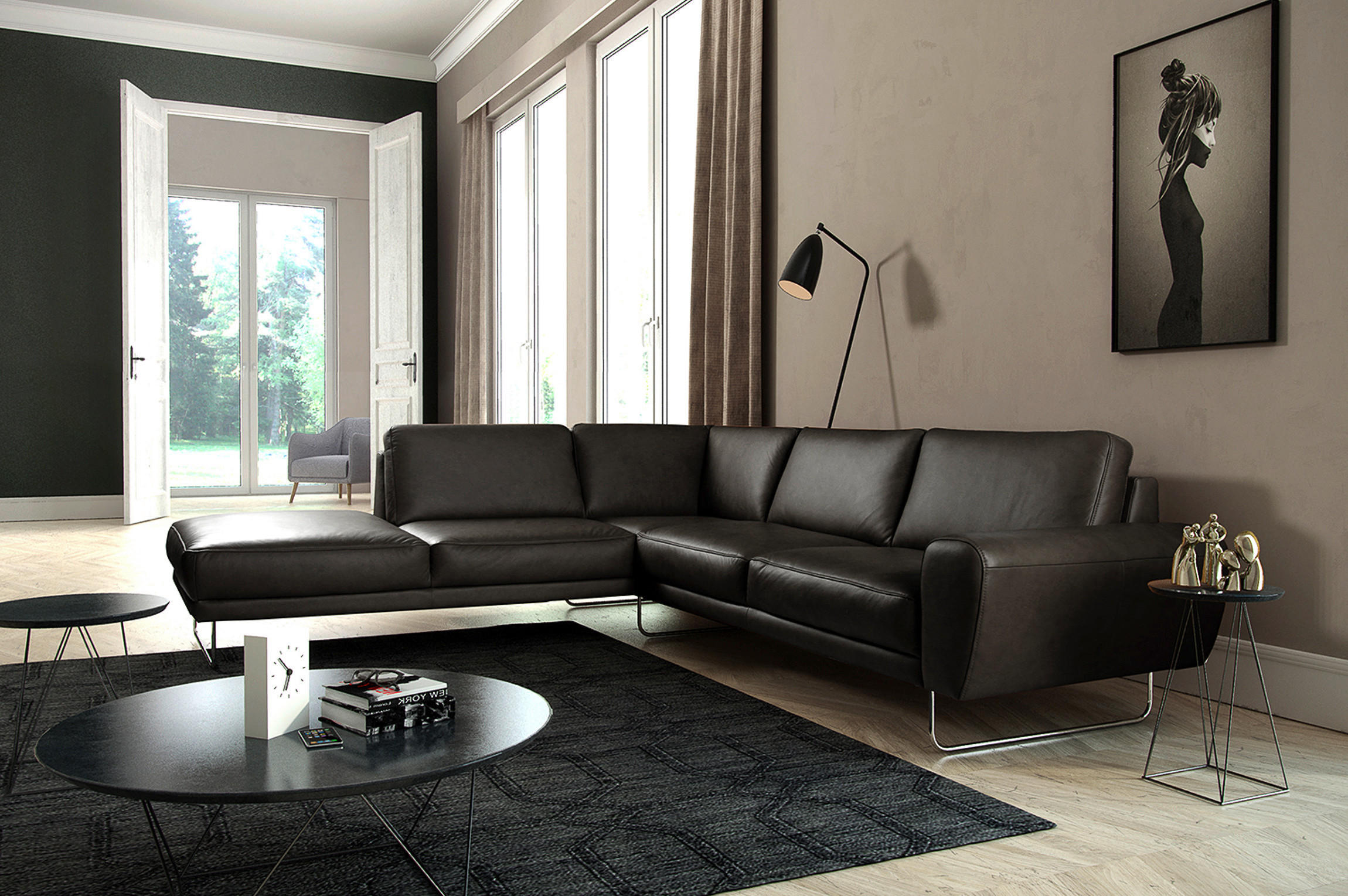 ECKSOFA SPRING Schwarz Echtleder  - Chromfarben/Schwarz, Design, Leder/Metall (250/273cm) - Livetastic