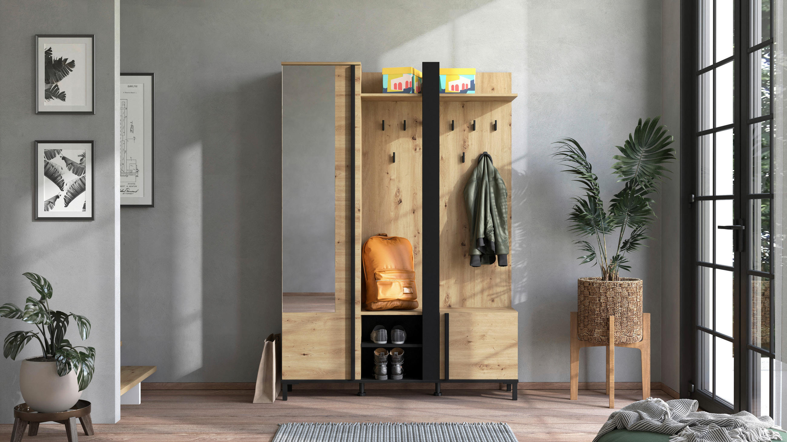 GARDEROBE  in 134,5/192,6/33,2 cm  - Schwarz/Eiche Artisan, Basics, Holzwerkstoff (134,5/192,6/33,2cm) - Carryhome