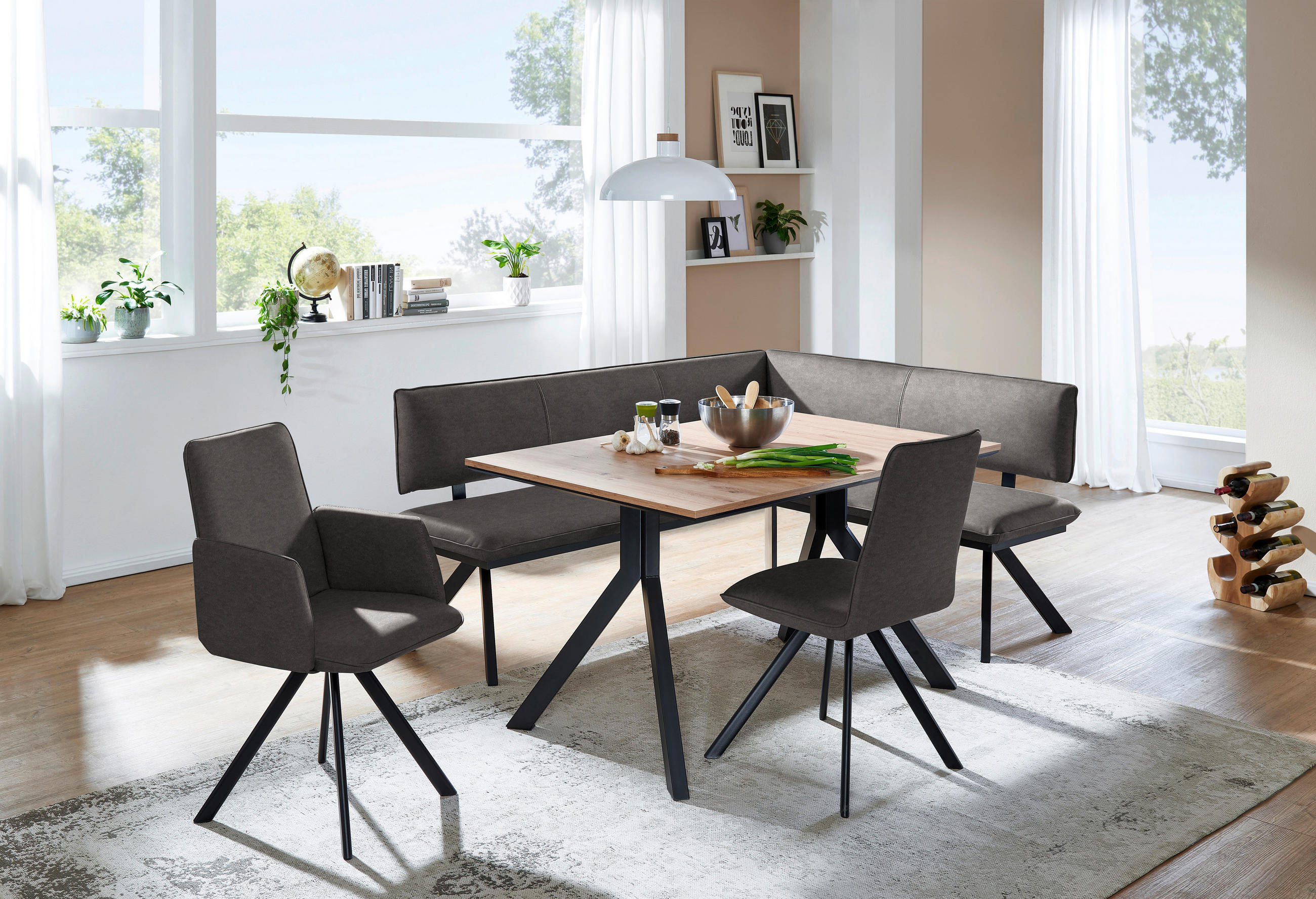 ECKBANK in Metall, Textil Schwarz, Dunkelgrau  - Dunkelgrau/Schwarz, Modern, Textil/Metall (190/150cm) - Cantus