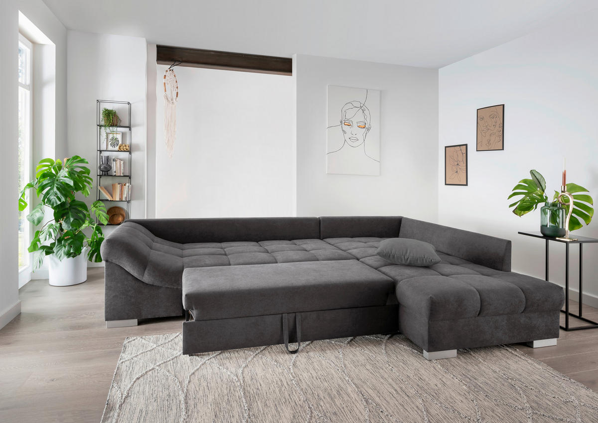 ECKSCHLAFSOFA in Anthrazit Textil   - Anthrazit/Silberfarben, Design, Holz/Textil (298/202cm) - MID.YOU