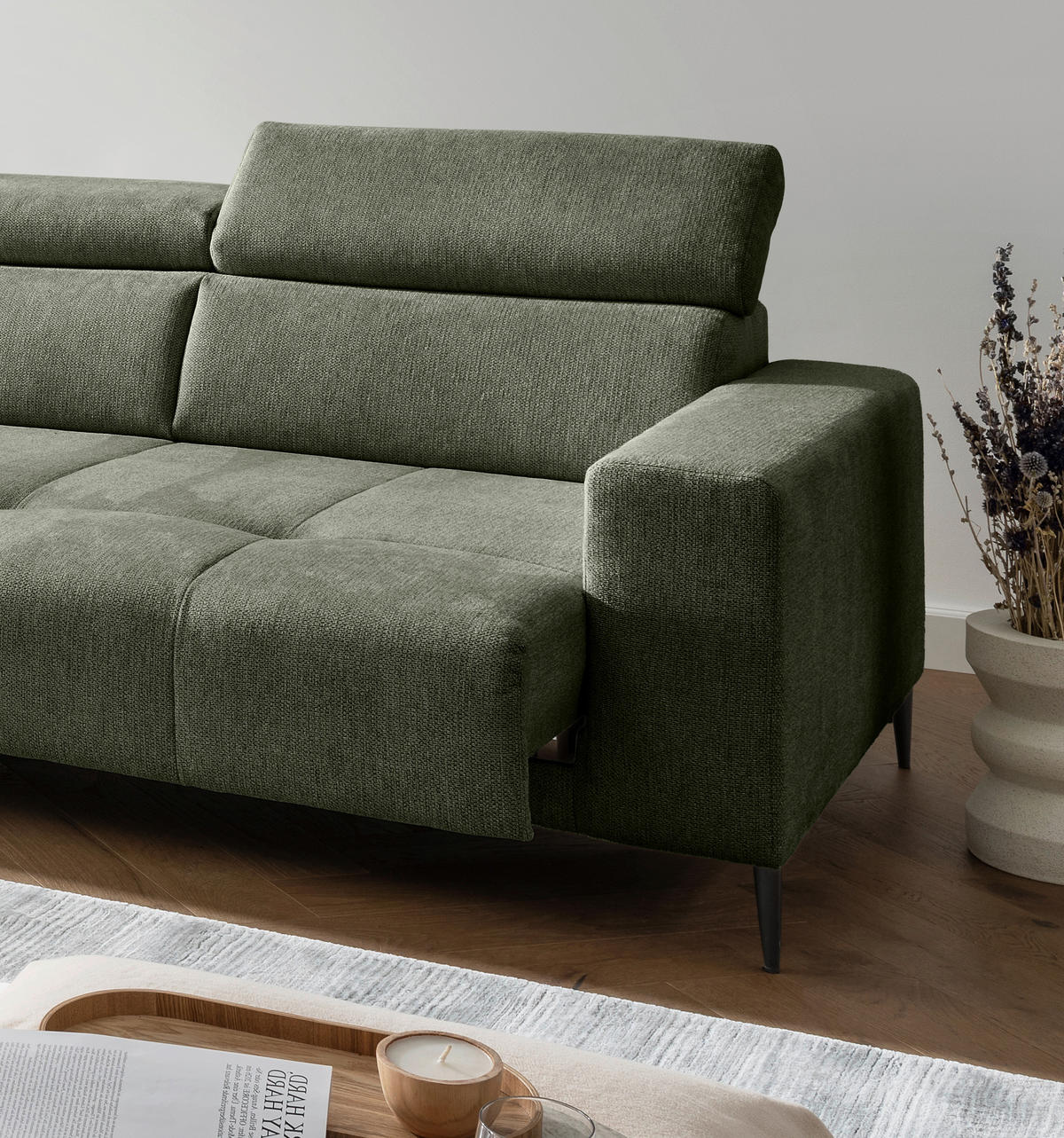 ECKSOFA Chenille Dunkelgrün  - Dunkelgrün/Schwarz, Konventionell, Textil/Metall (225/305cm) - Livetastic