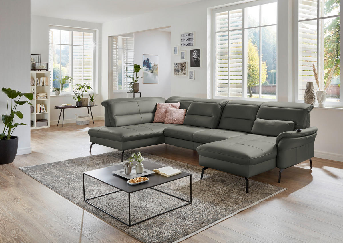 WOHNLANDSCHAFT in Echtleder Grau  - Schwarz/Grau, Design, Leder/Metall (206/336/181cm) - Beldomo Speed