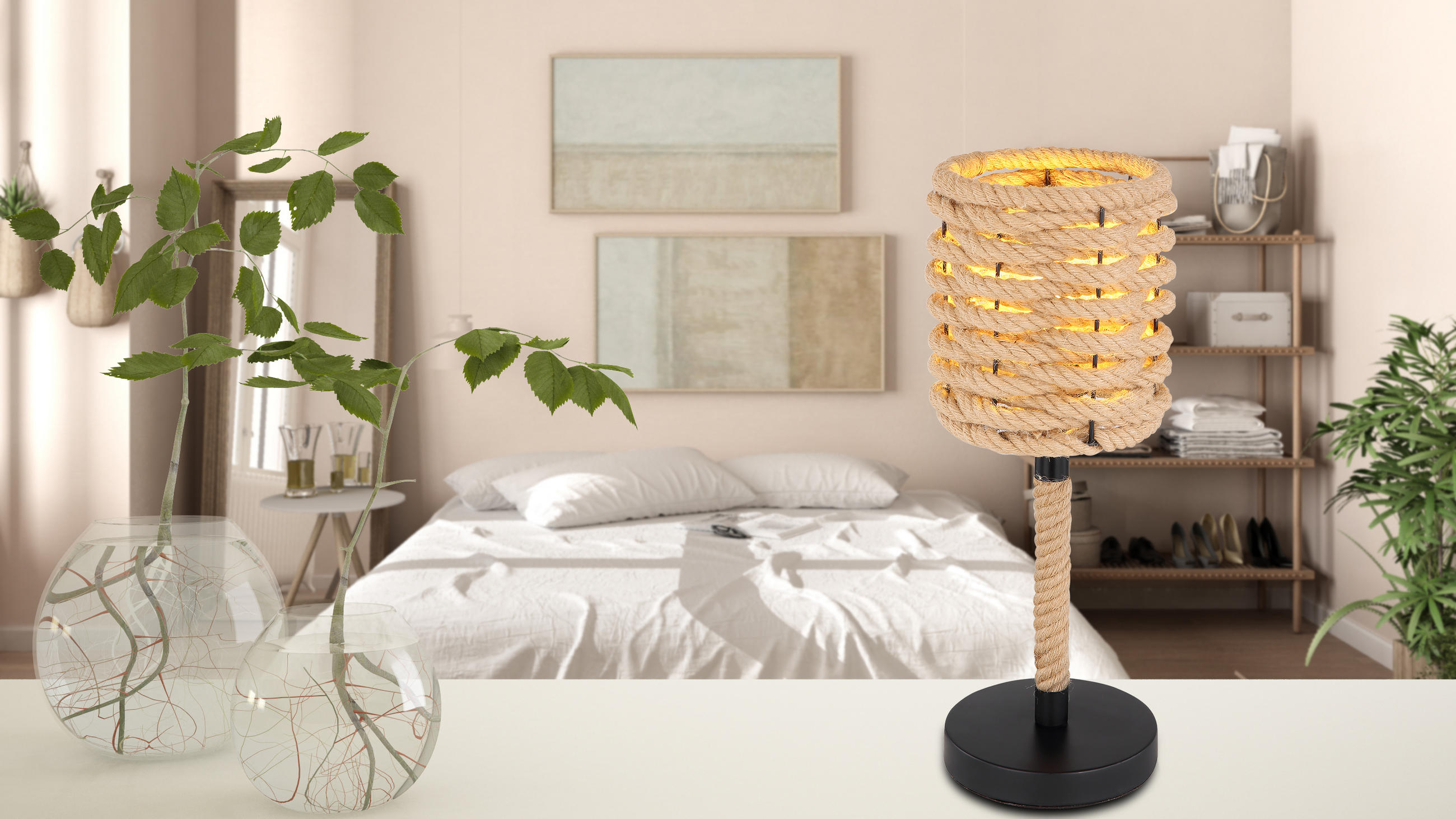 STOLNÍ LAMPA, E27, 16,5/45 cm  - černá/hnědá, Konvenční, kov/přírodní materiály (16,5/45cm) - Globo