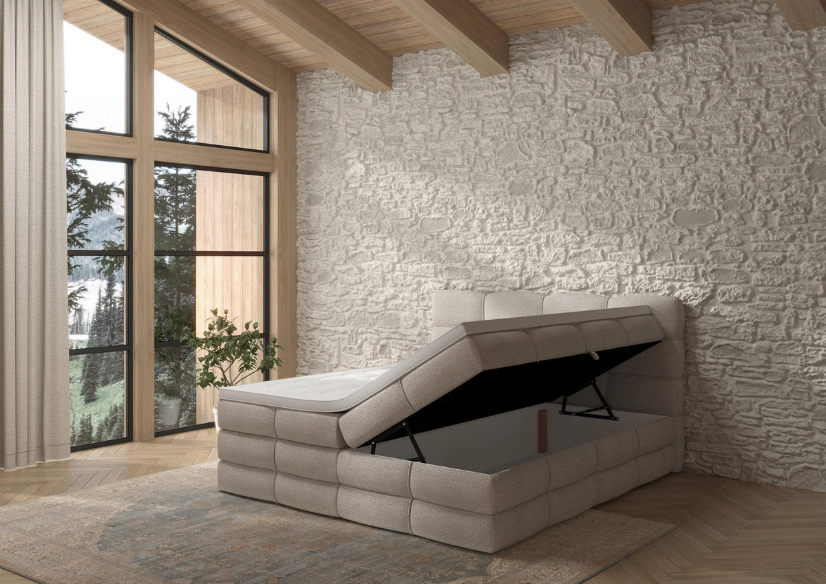 BOXSPRINGBETT 160/200 cm,  in Elfenbein, gepolstertes Kopfteil, Bettkasten, Topper, Matratzen, H3 + H3 = fest  - Elfenbein/Schwarz, Design, Kunststoff/Textil (160/200cm) - Chameo