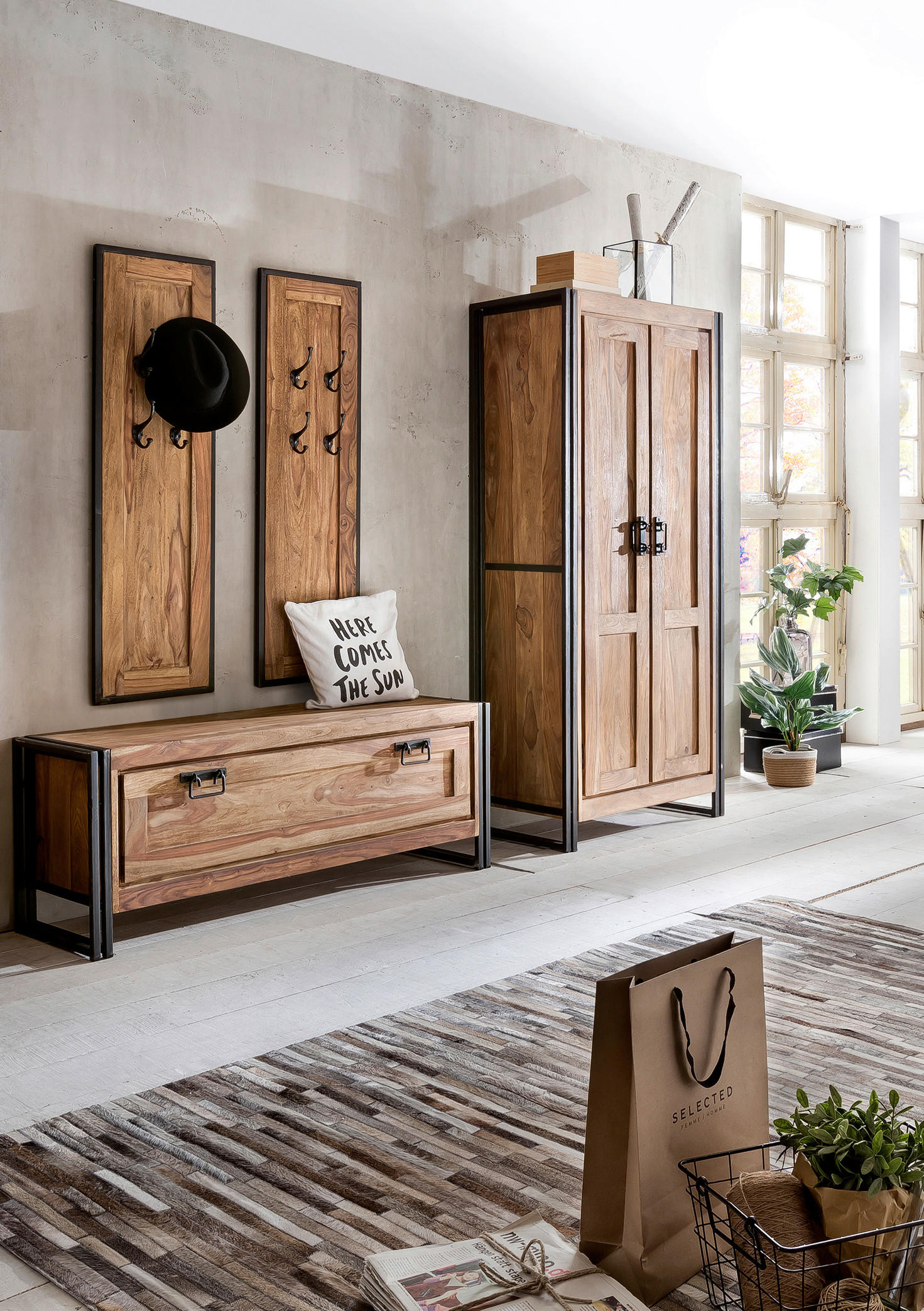 Mid.you Garderobe Natur, Schwarz 215x180x45 cm