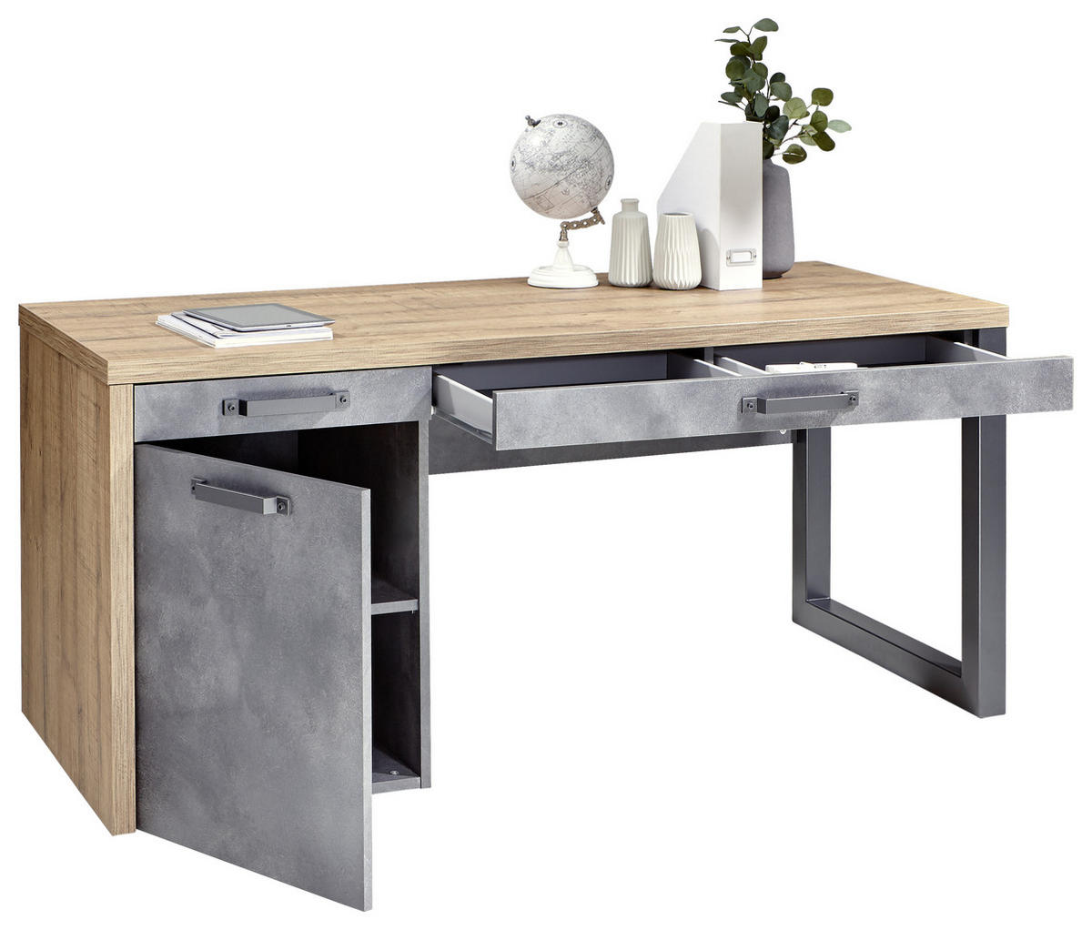 Birou in material pe bază de lemn  - culoare lemn stejar/gri, Trend, metal/material pe bază de lemn (170/69/76cm) - Stylife