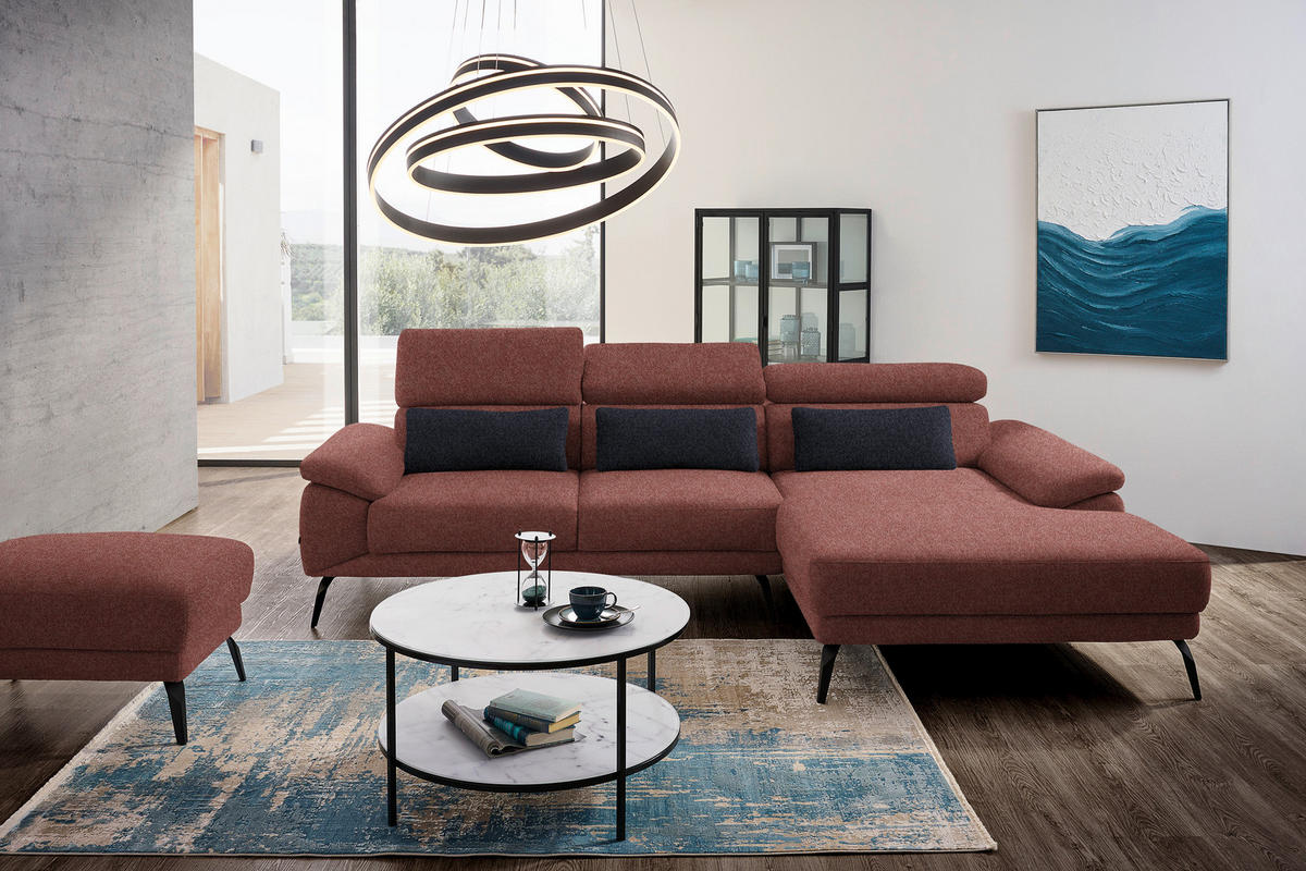 ECKSOFA in Velours Weinrot  295/187 cm  - Weinrot/Schwarz, Design, Textil/Metall (295/187cm) - Novel