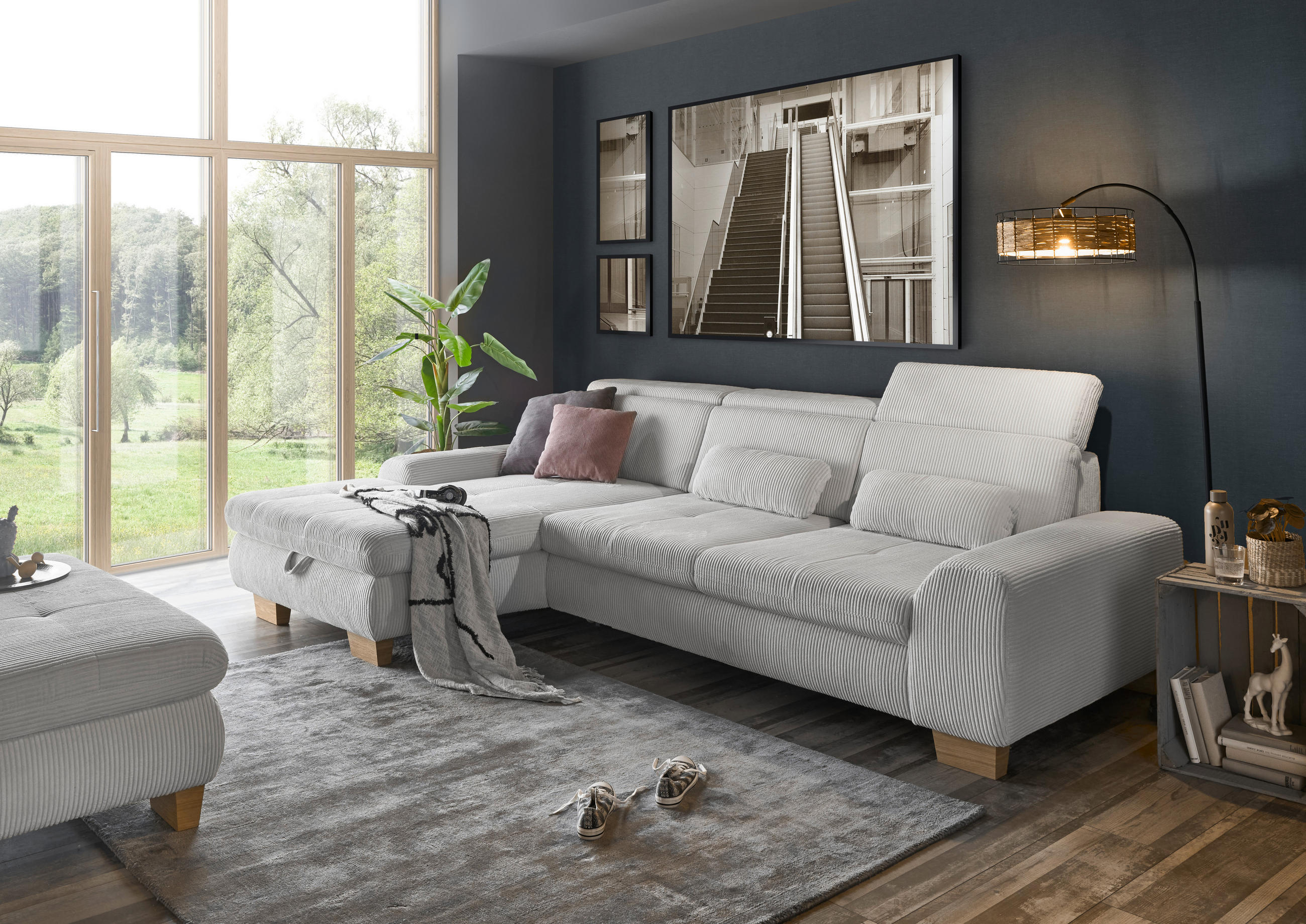 ECKSOFA Silberfarben Kord - Eiche Bianco/Silberfarben, KONVENTIONELL, Holz/Textil (195/315cm) - SetOne by Musterring