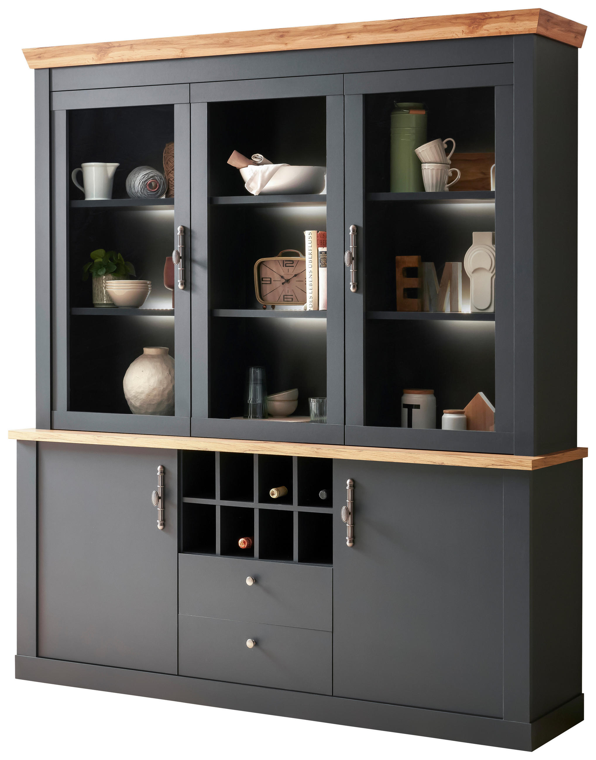 WOHNWAND 2-teilig in Anthrazit, Eiche Wotan - Anthrazit/Silberfarben, Design, Holzwerkstoff/Metall - MID.YOU
