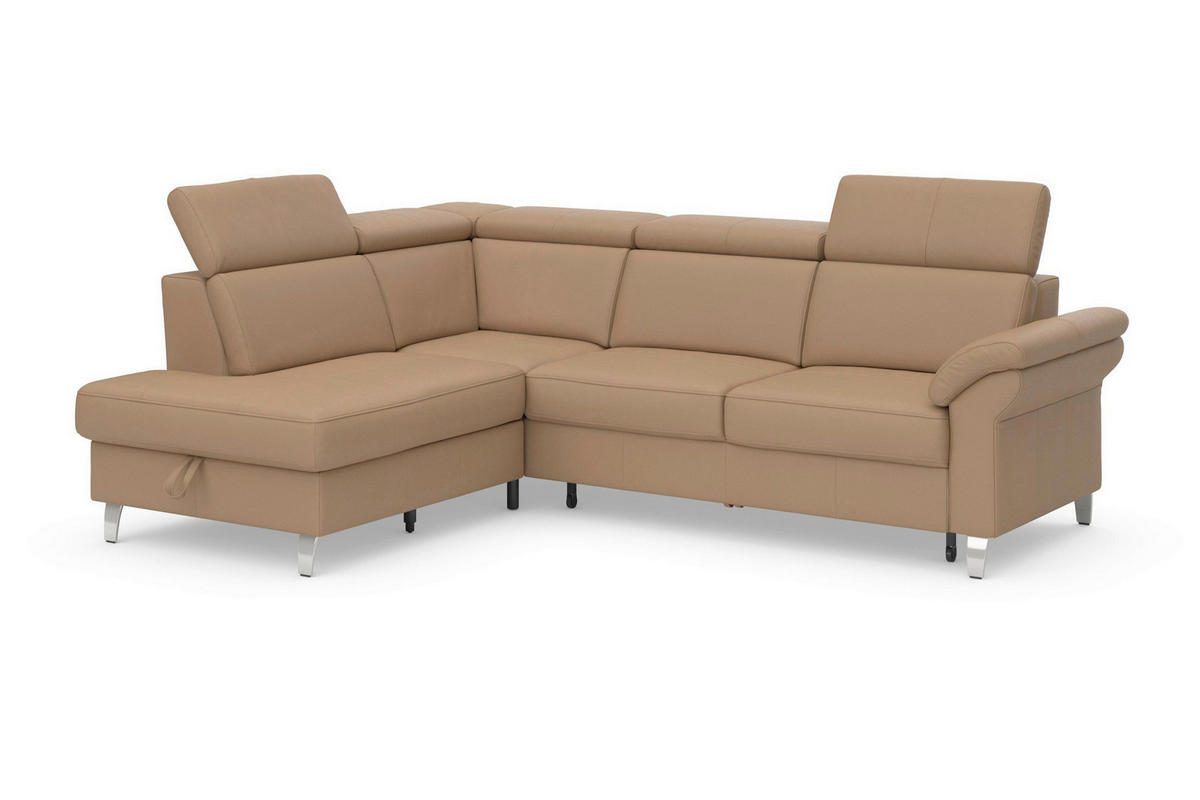 ECKSOFA ARNGAST E Cappuccino Kombination Echtleder/Stoff Mikrofaser Bettkasten, Kopfteilverstellung  - Chromfarben/Cappuccino, Basics, Leder/Textil (194/245cm) - Sit & More