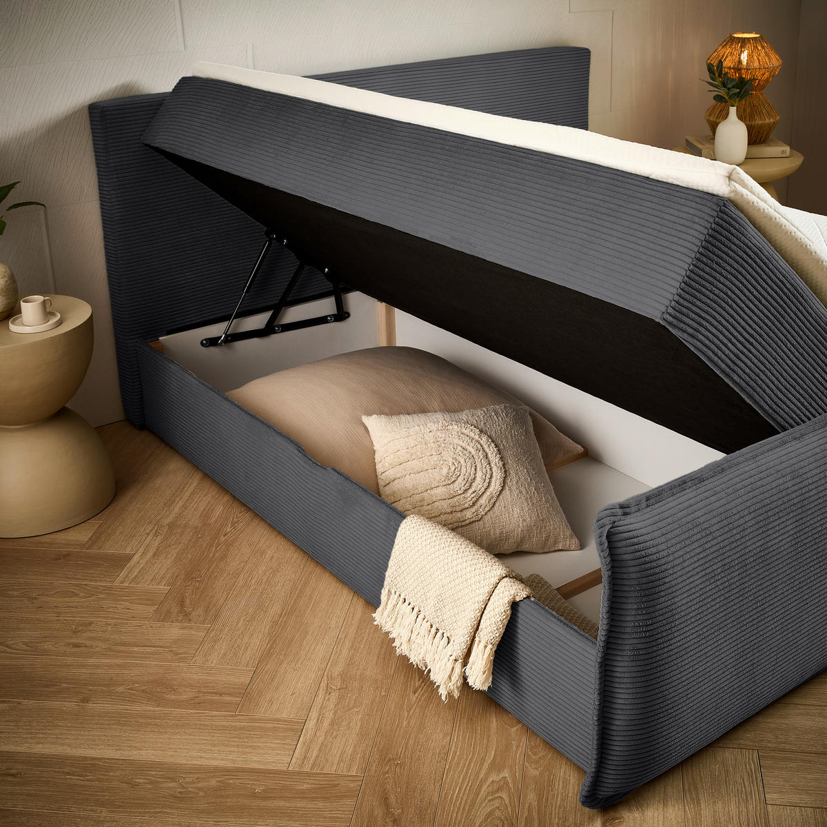 BOXBETT 180/200 cm,  in Anthrazit, Kissen, Bettkasten, Topper, H3 + H3 = fest  - Anthrazit/Schwarz, Design, Kunststoff/Textil (180/200cm) - Chameo