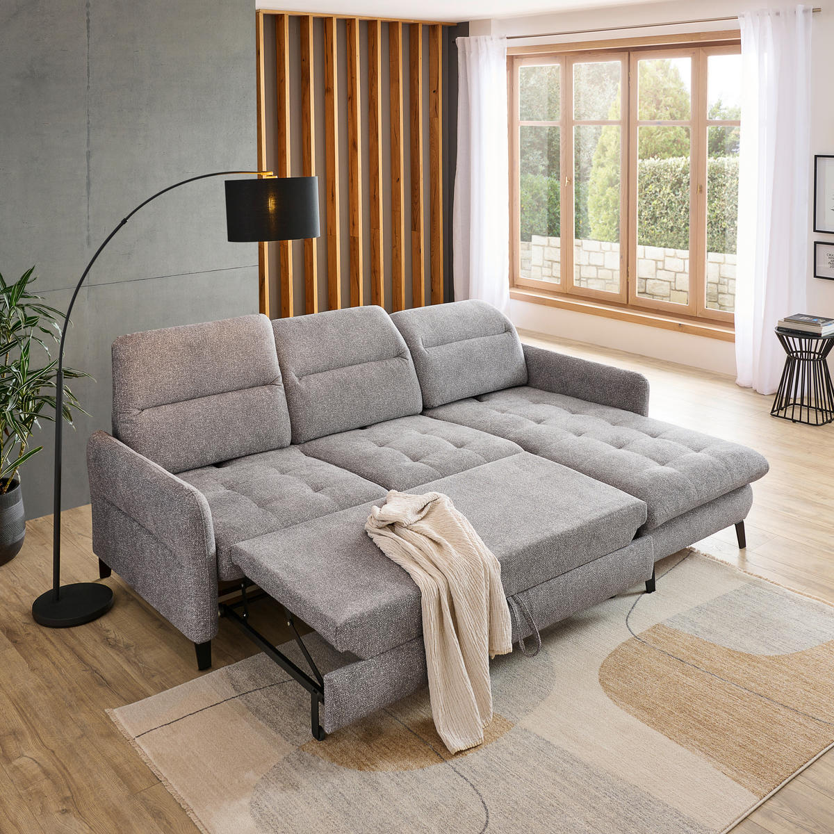 ECKSOFA Hellgrau Plüsch  - Hellgrau/Schwarz, KONVENTIONELL, Textil/Metall (254/190cm) - Livetastic