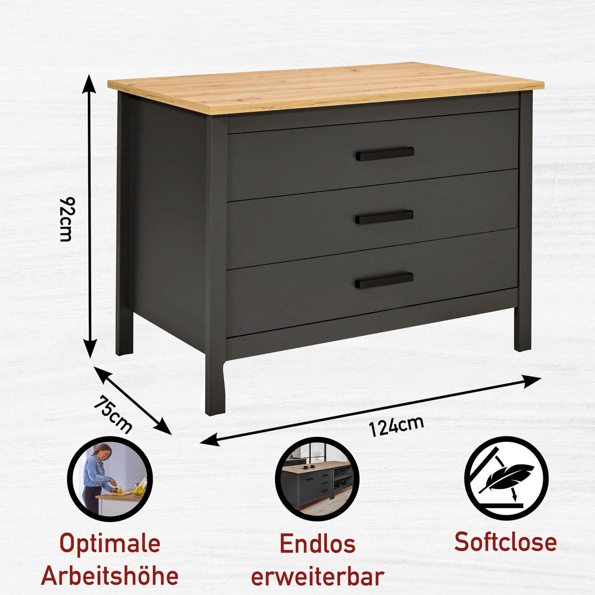 KÖKSÖ 124/91/75 cm  i antracit, ek Artisan  - svart/ek Artisan, Modern, metall/trämaterial (124/91/75cm) - home24