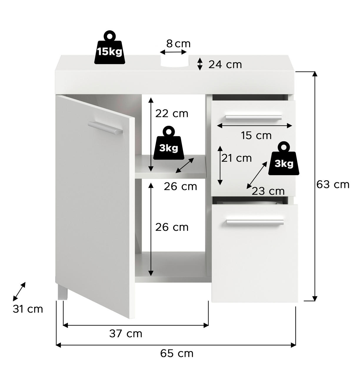 TVÄTTSTÄLLSUNDERSKÅP 65/63/31 cm  - vit/silver, Trend, trämaterial/plast (65/63/31cm) - MID.YOU