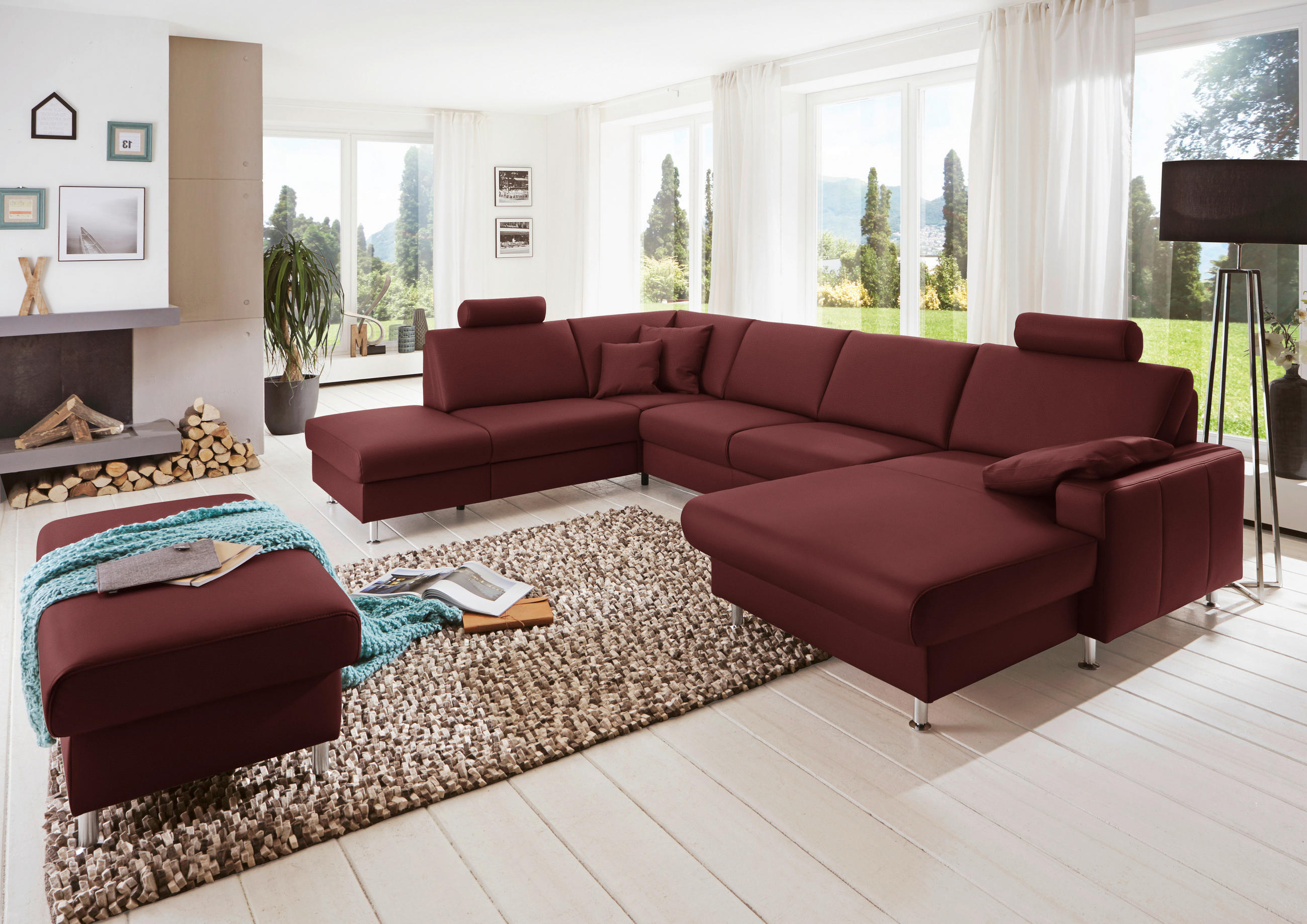 WOHNLANDSCHAFT in Echtleder Brombeere  - Brombeere/Alufarben, Design, Leder/Metall (233/339/165cm) - Beldomo Premium