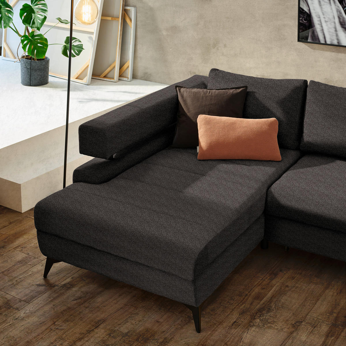 ECKSOFA in Chenille Dunkelbraun  - Dunkelbraun/Schwarz, Konventionell, Textil/Metall (184/265cm) - Hom`in