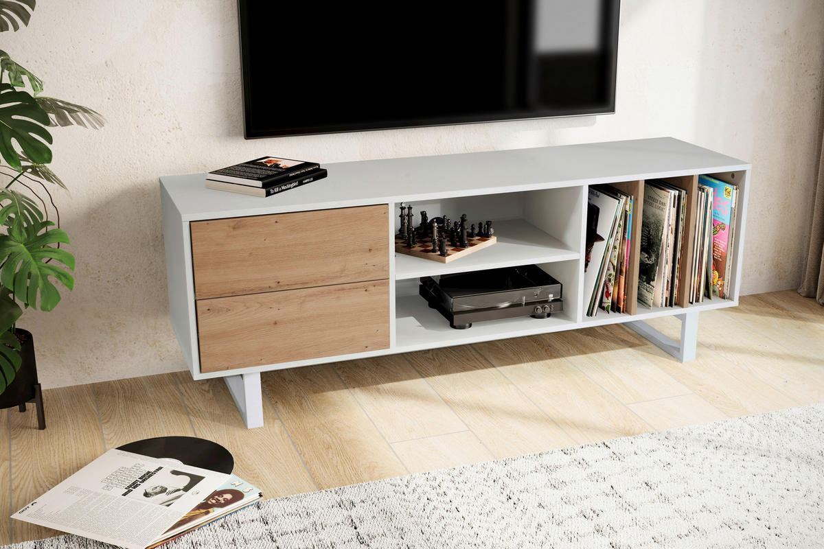 LOWBOARD  in 150/55/40 cm  - Weiss/Eichefarben, Design, Holzwerkstoff/Metall (150/55/40cm) - Livetastic