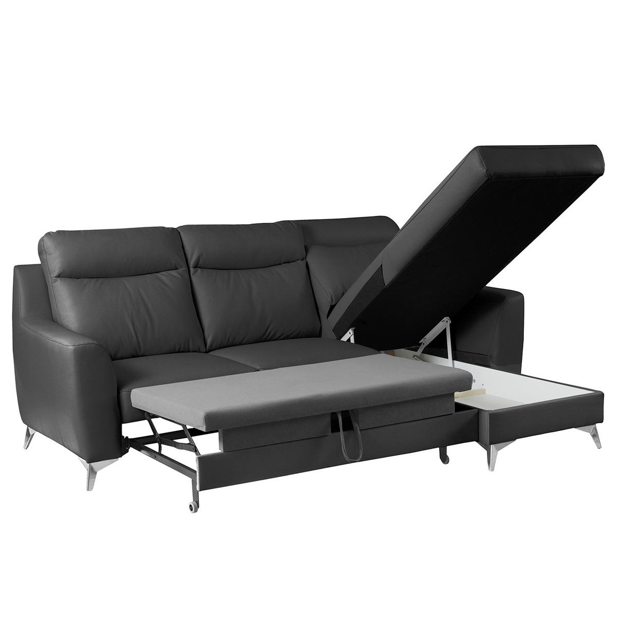 ECKSOFA Lederlook Echtleder Schwarz  - Chromfarben/Schwarz, Design, Leder/Textil (236/168cm) - Livetastic