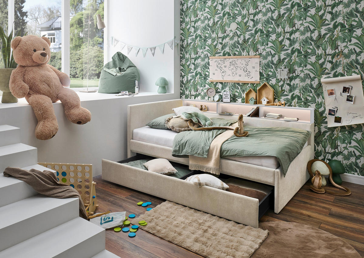 STAURAUMBETT 120/200 cm  in Weiß, Beige  - Beige/Weiß, MODERN, Holz/Holzwerkstoff (120/200cm) - Stylife