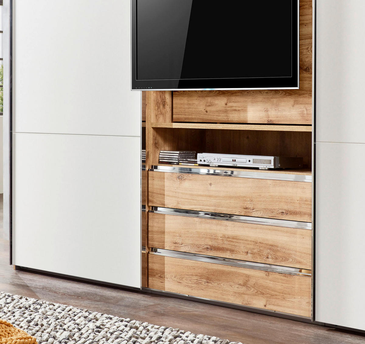 SCHWEBETÜRENSCHRANK in Weiss, Eichefarben  - Weiss/Edelstahlfarben, Modern, Holzwerkstoff/Metall (300/216/65cm) - MID.YOU